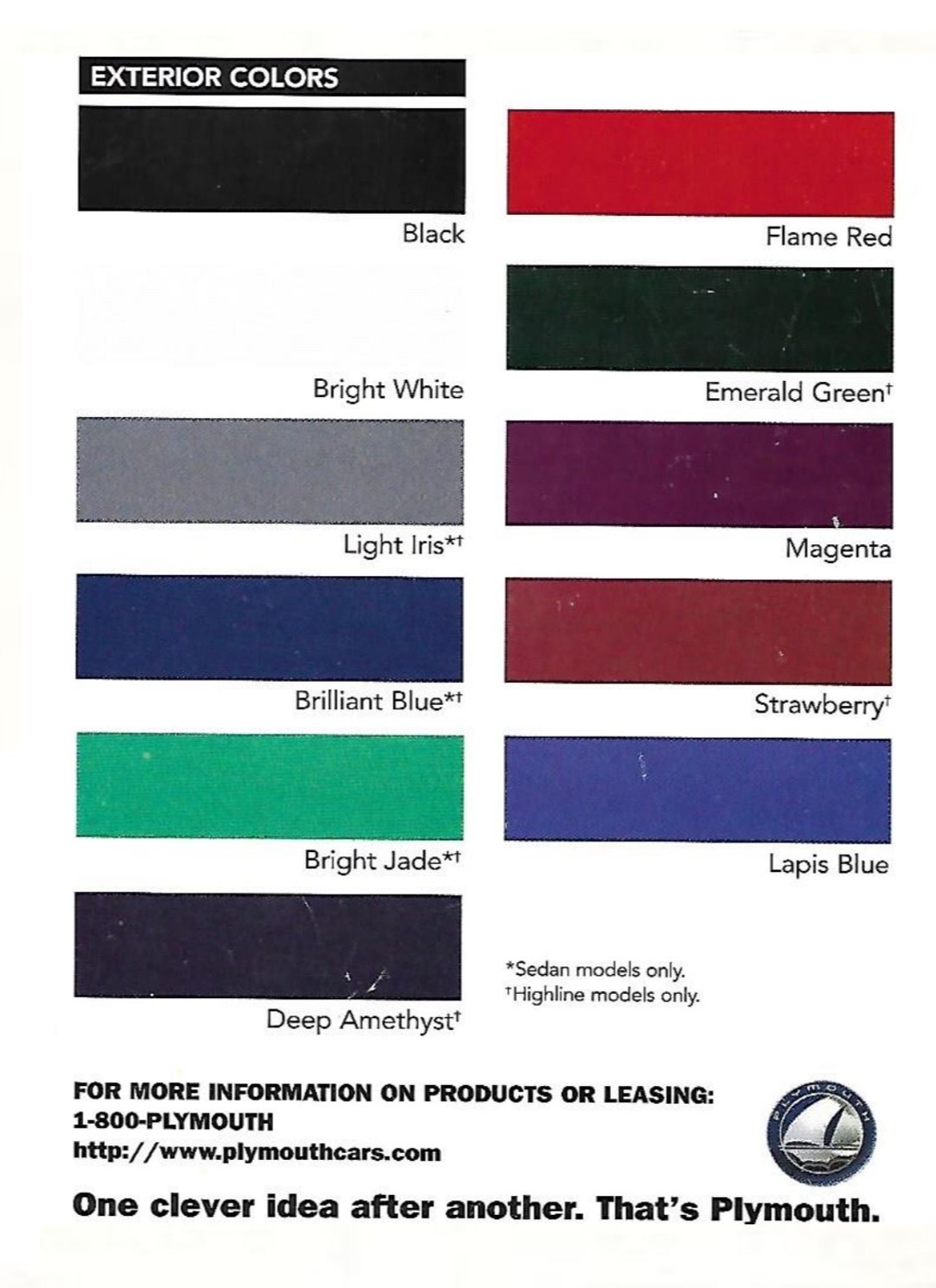 1997 Plymouth Neon Paint Chart Colors used on the 1997 Plymouth Neon