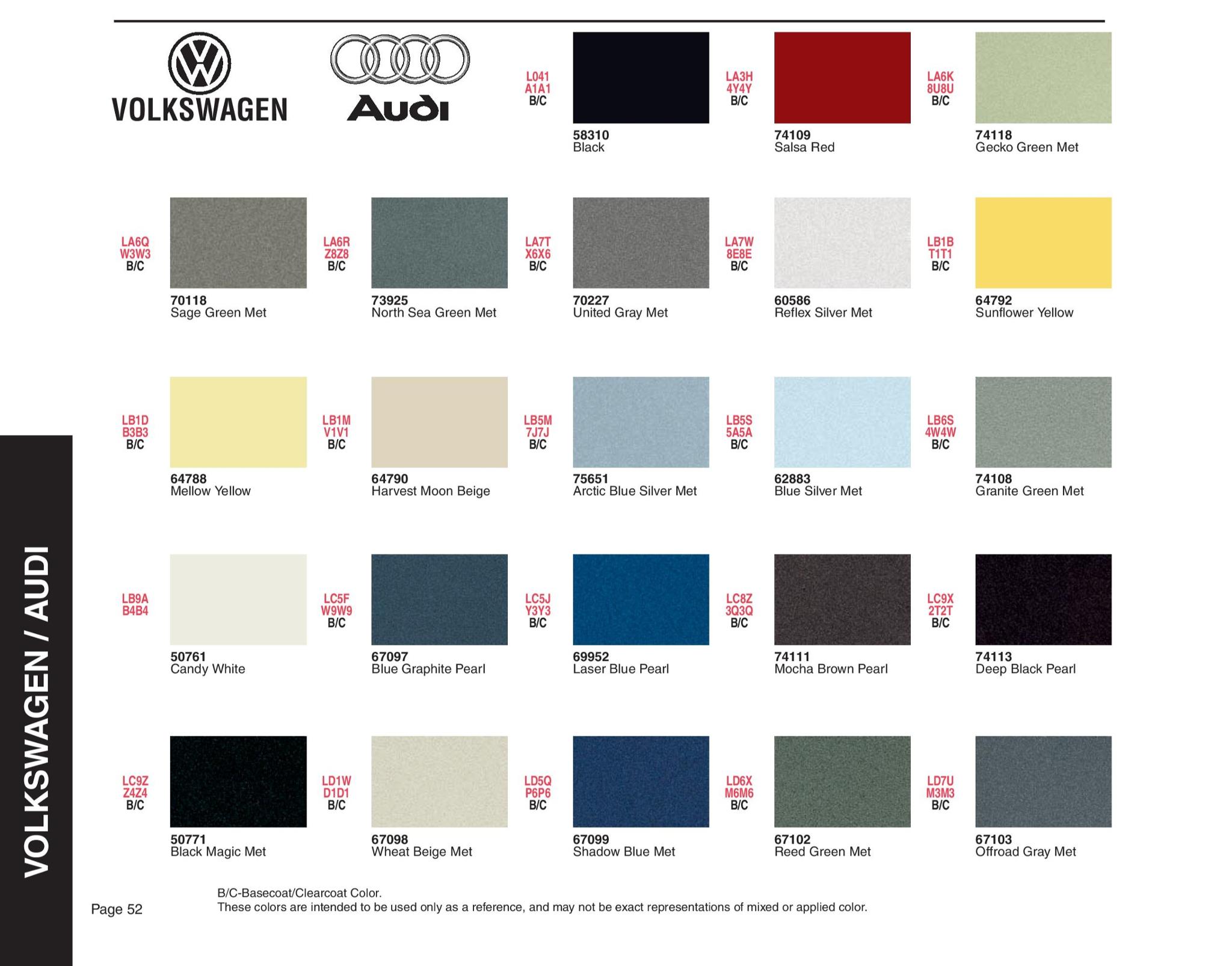 2007 Volkswagen and Audi Paint Code Color Chart