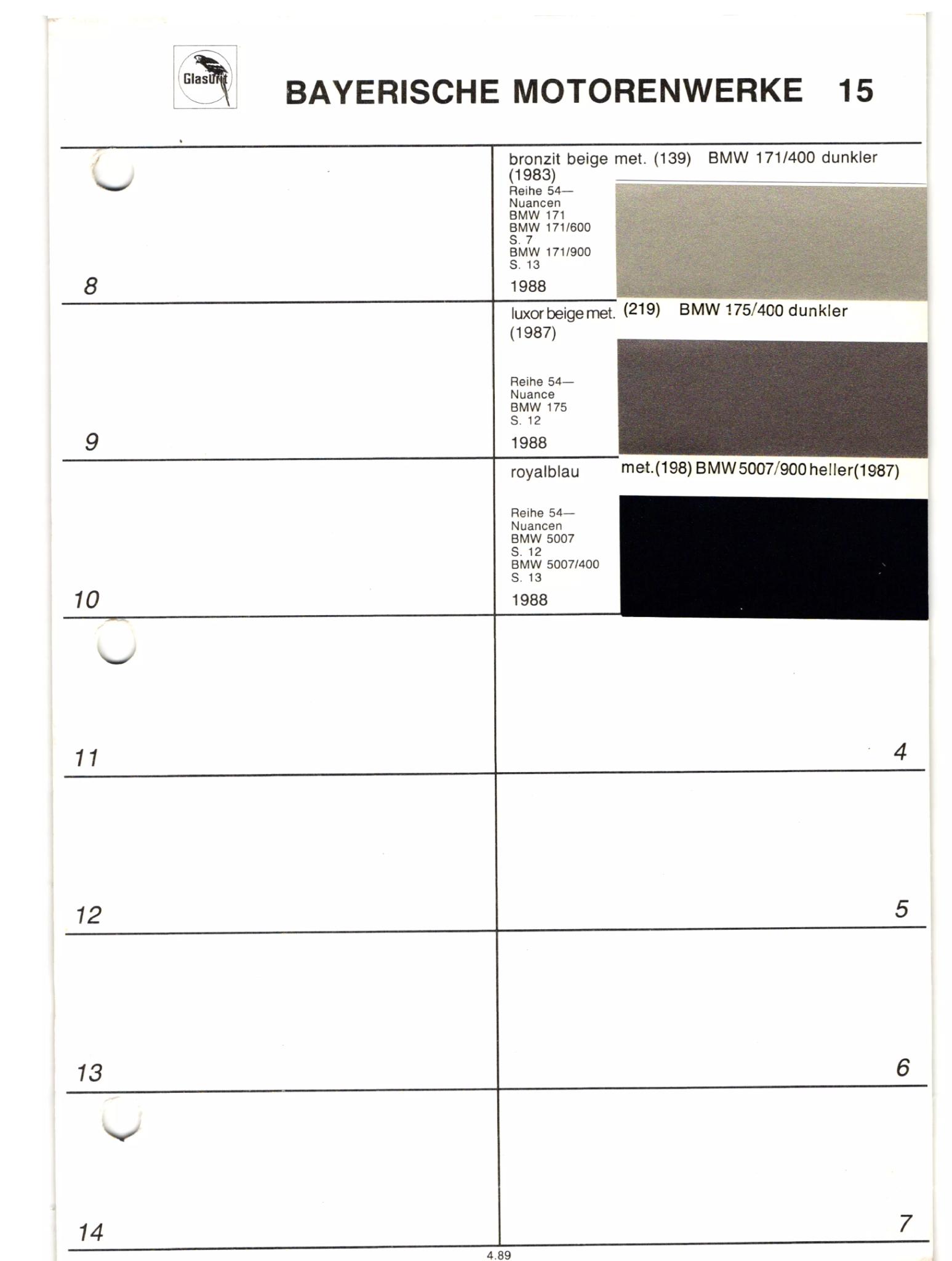1956 to 1988 Glasurit Condensed Paint Codes and Color Charts Codes: 139,219,198