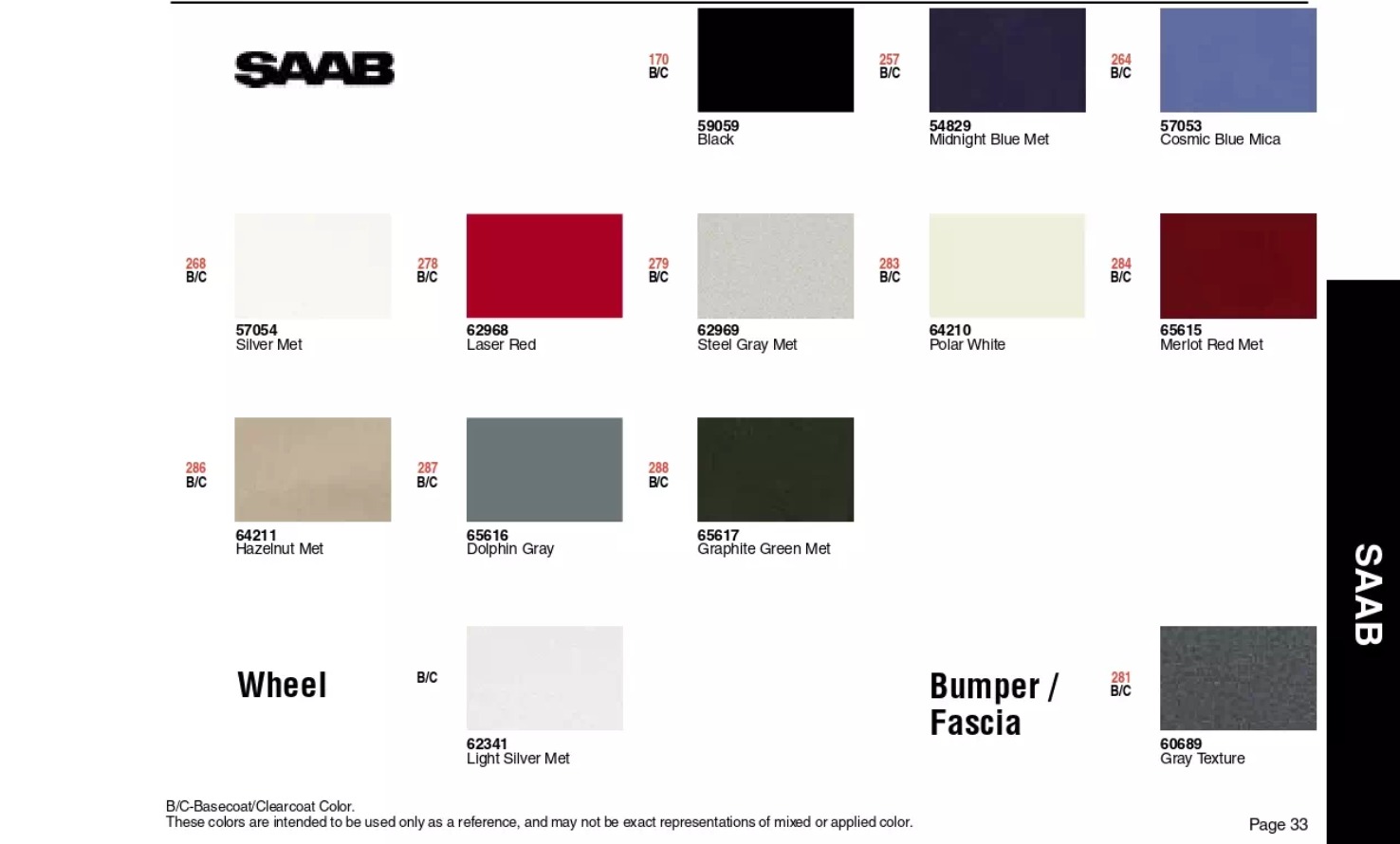 Color swatches, and their ordering paint codes for 2003 model vehicles