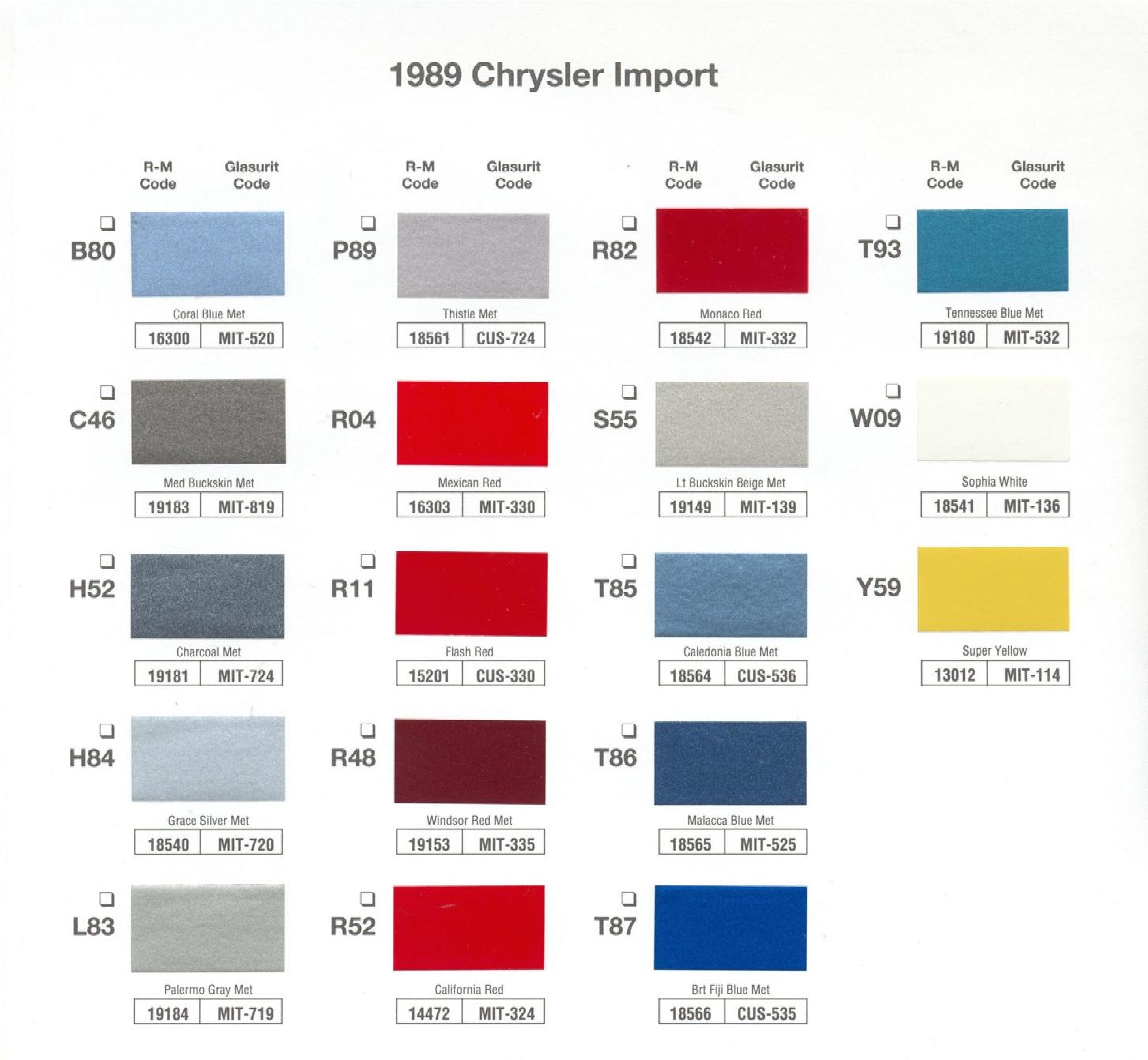 1989 Basf Chrysler Import Color Chart