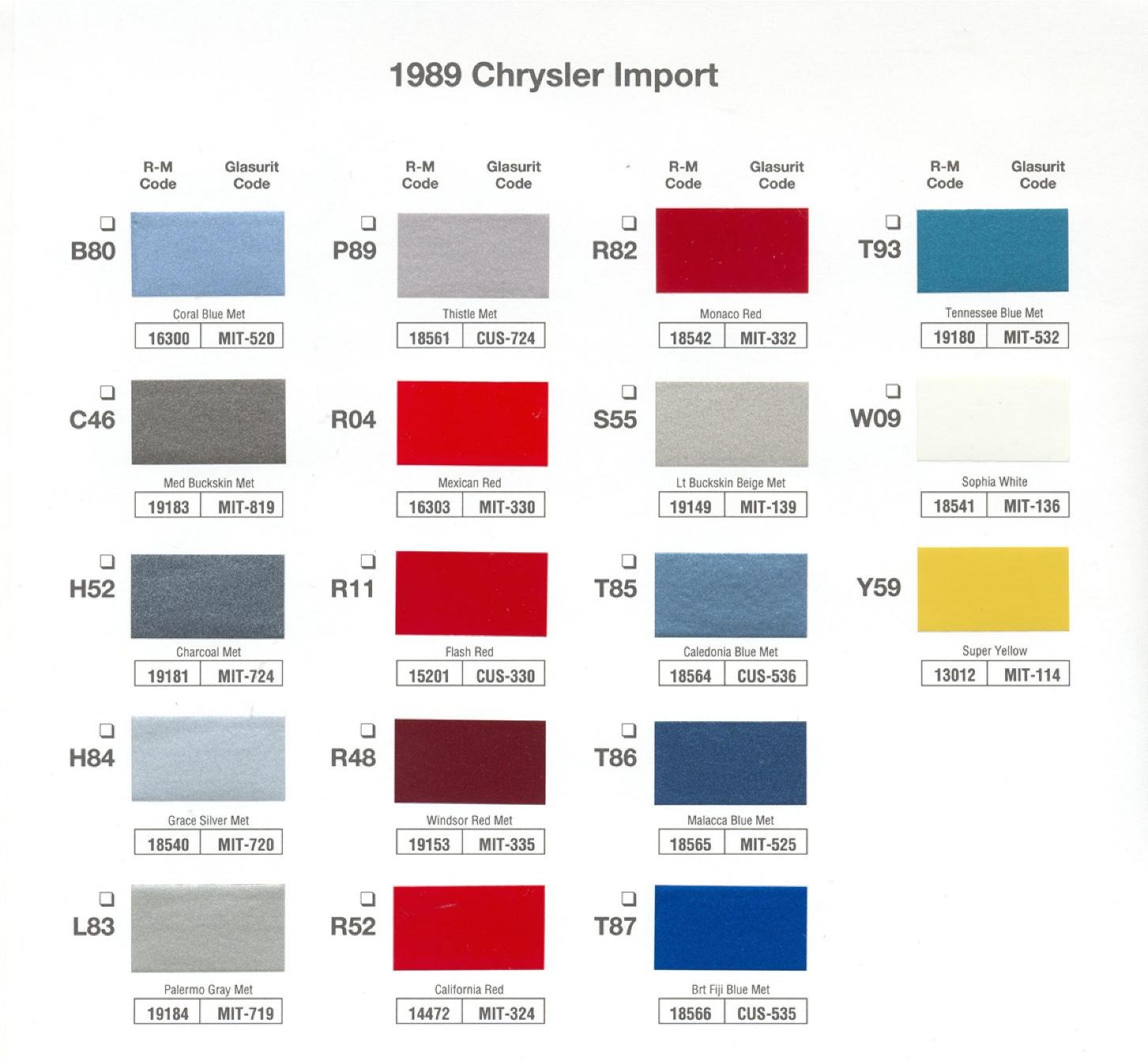 1989 Chrysler Import Color Chart 1989 Basf Chrysler Import Color Chart