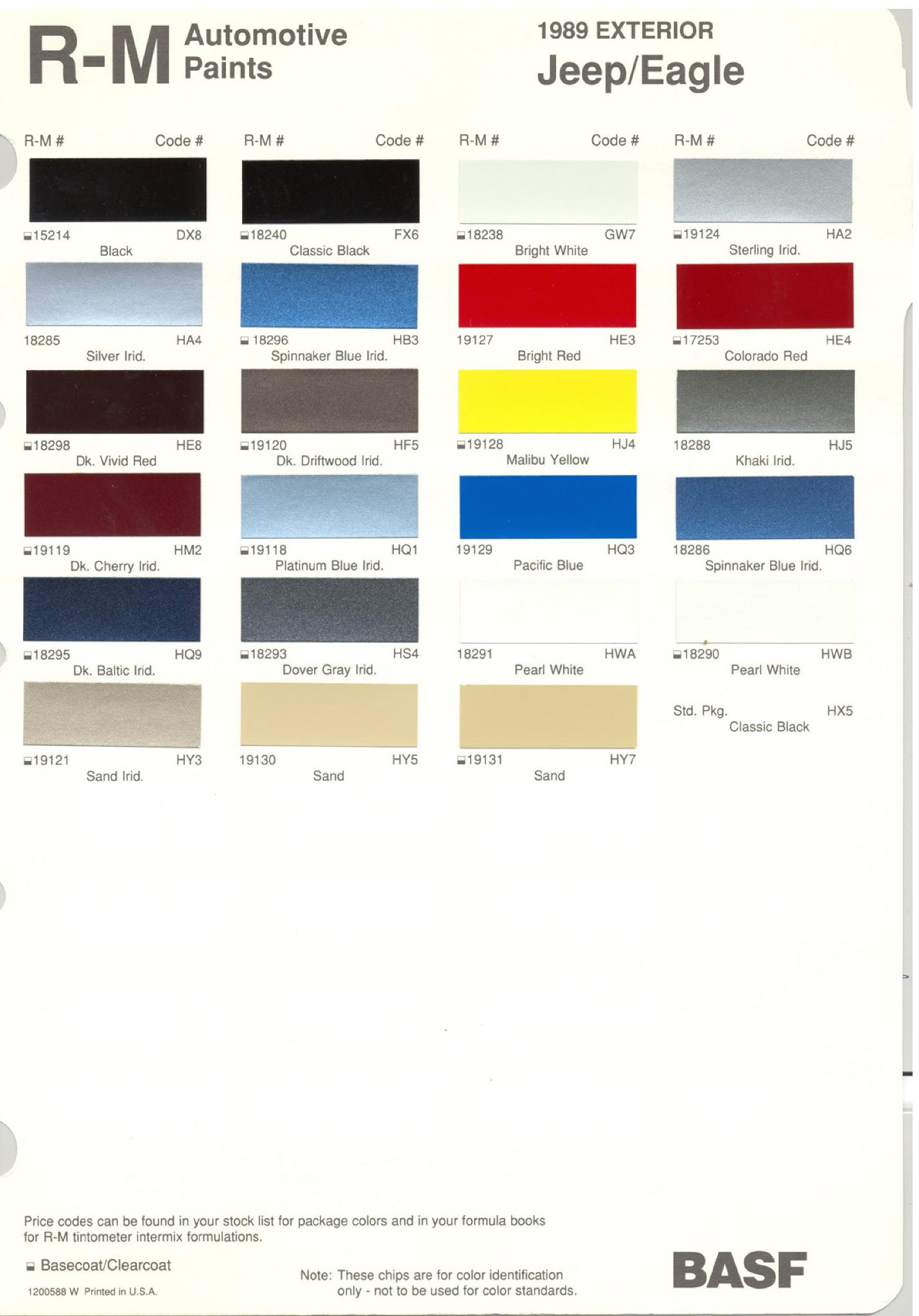 1989 Chrysler Paint (Color) Code Chart For Exterior Vehicles