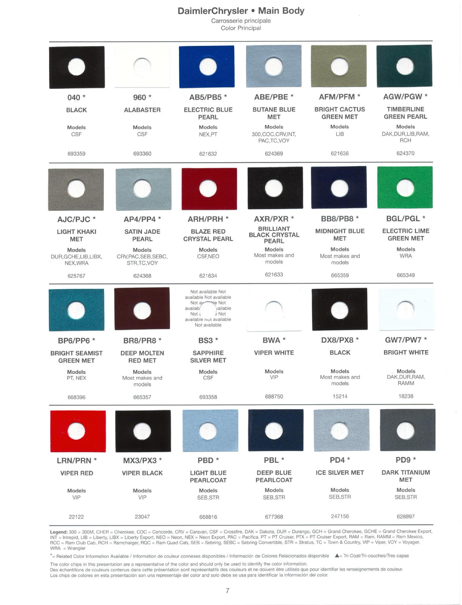 2004 Chrysler Paint (Color) Code Chart For Exterior Vehicles