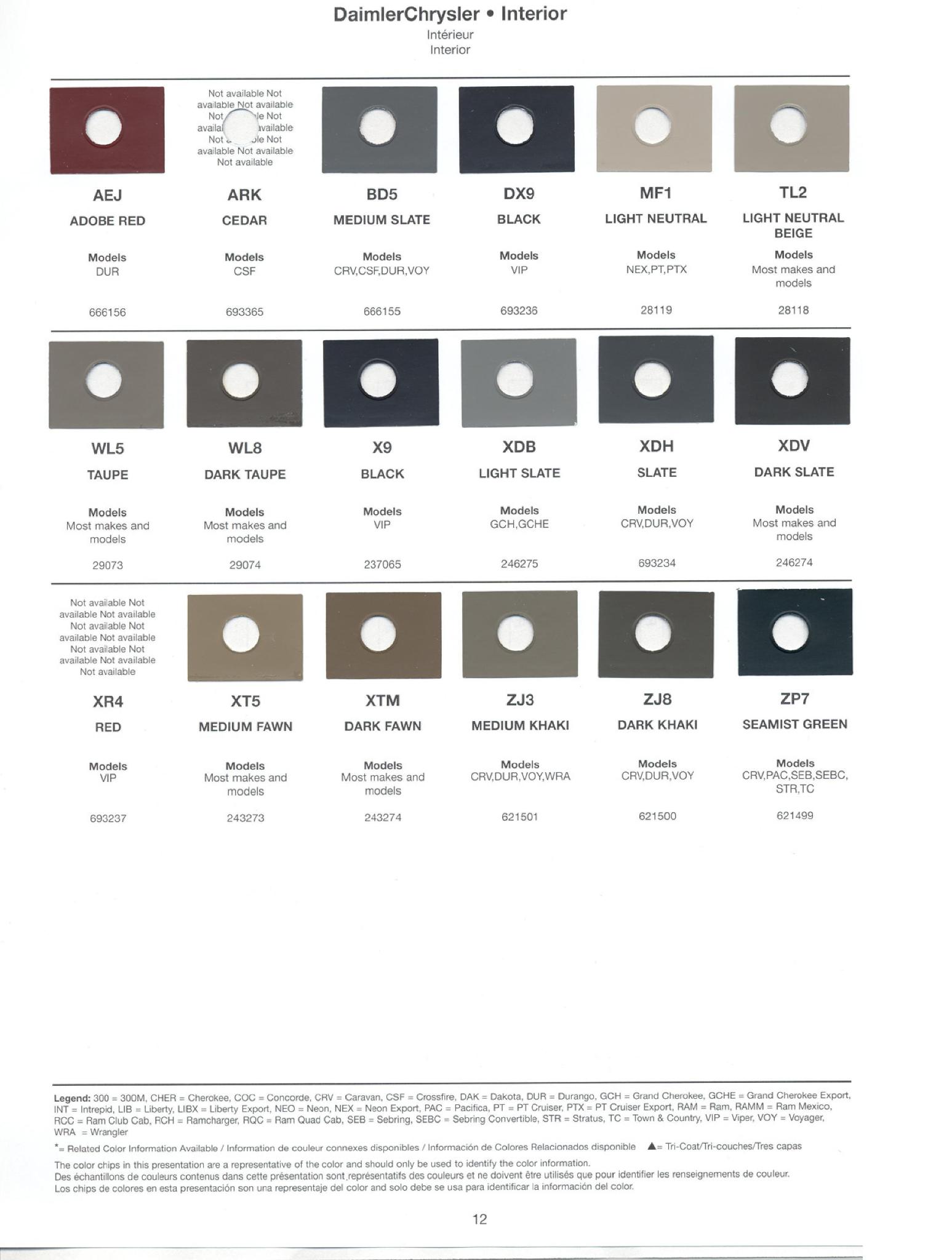 2004 Chrysler Paint (Color) Code Chart For Exterior Vehicles