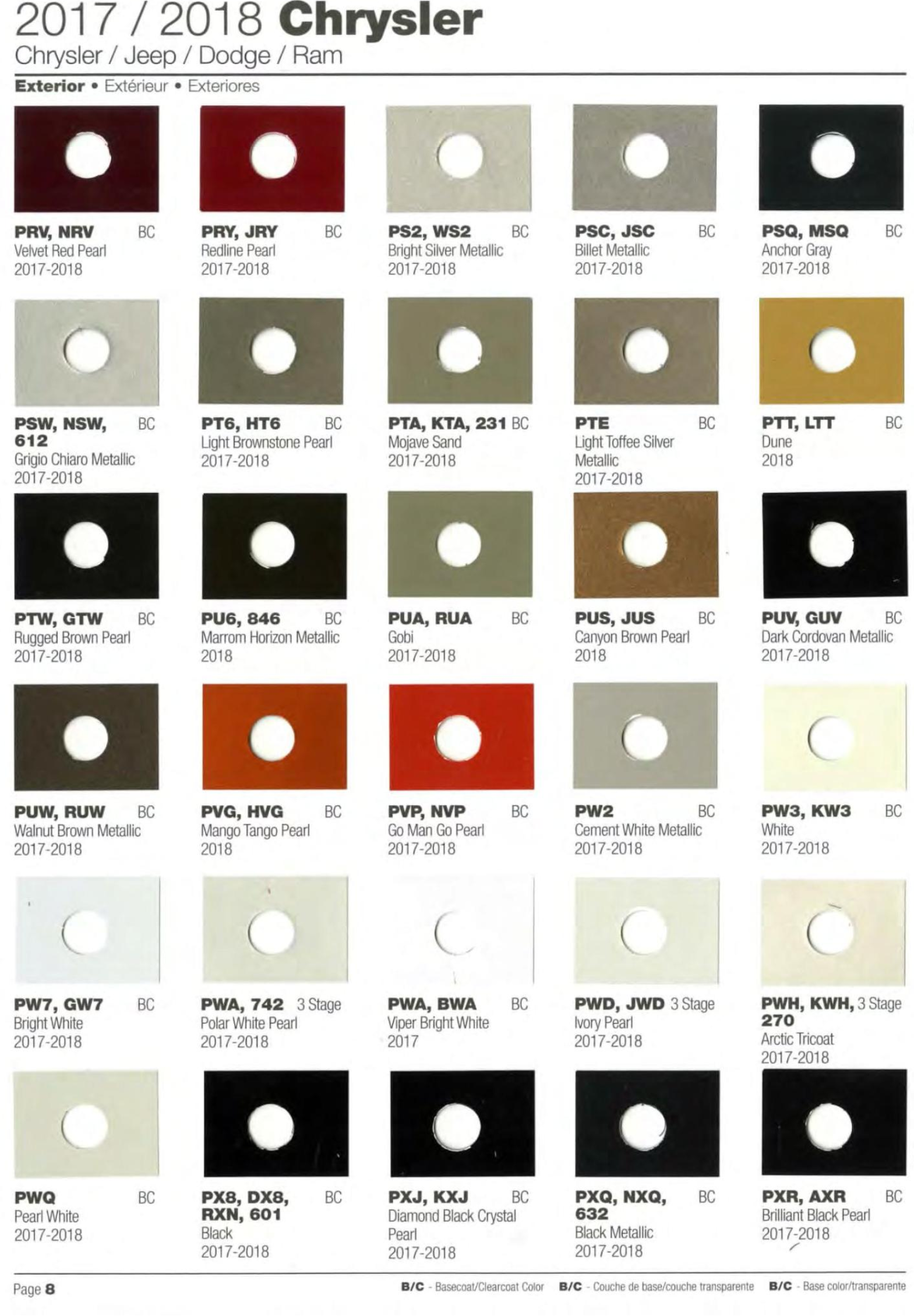 2017 and 2018 Chrysler All Model Exterior Color Code Paint Chart General Motors Paint (Color) Code Chart