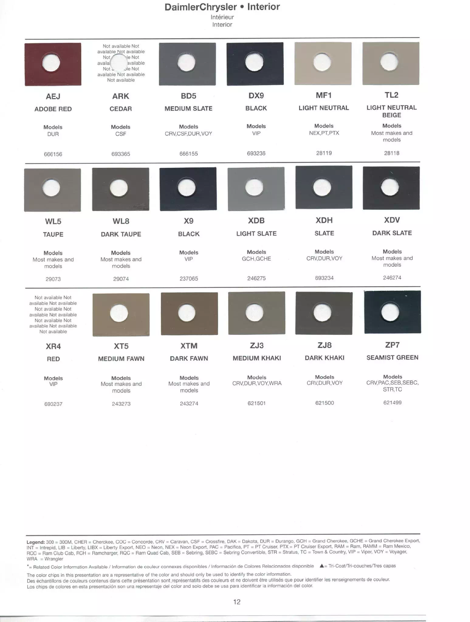 Exterior, Wheel, and Interior colors used on Dodge, Jeep, and Chrysler in 2004