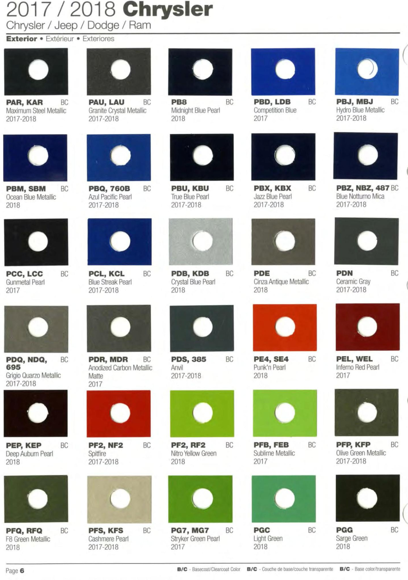 2017 and 2018 Chrysler All Model Exterior Color Code Paint Chart Chrysler Paint (Color) Code Chart For Exterior Vehicles