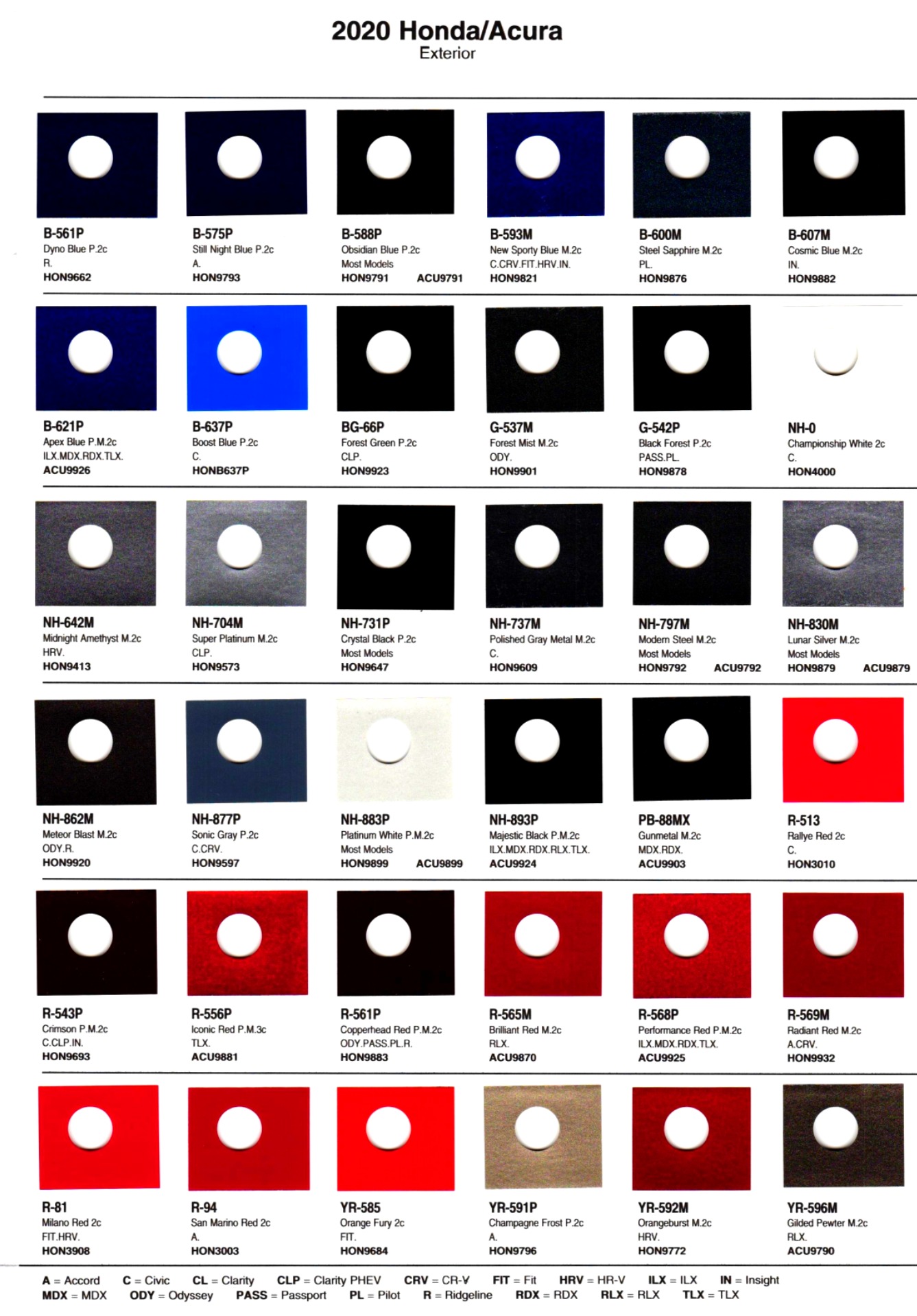 Exterior paint chips and their ordering codes for Honda and Acura Vehicles