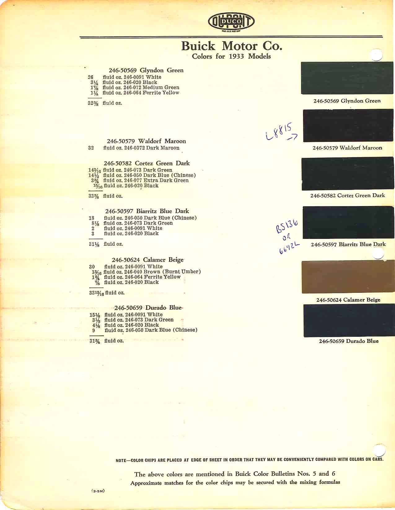 Color chart for 1933 motor vehicles exterior paint code.  Examples of Colors and ordering codes.