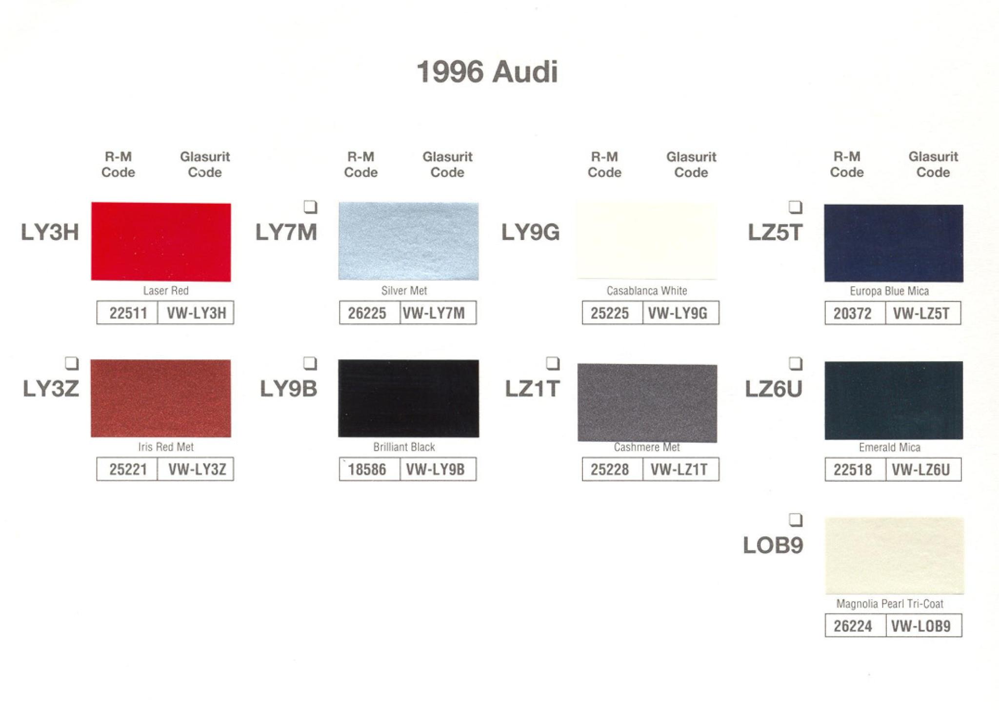 1996 Volkswagen and Audi Paint Code Color Chart