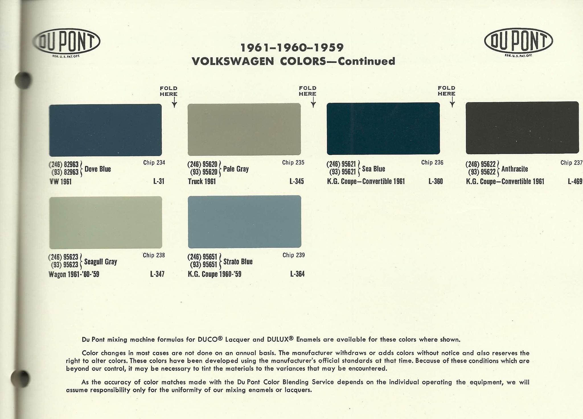 1957 - 1961 VW Color Code Chart Paint Codes