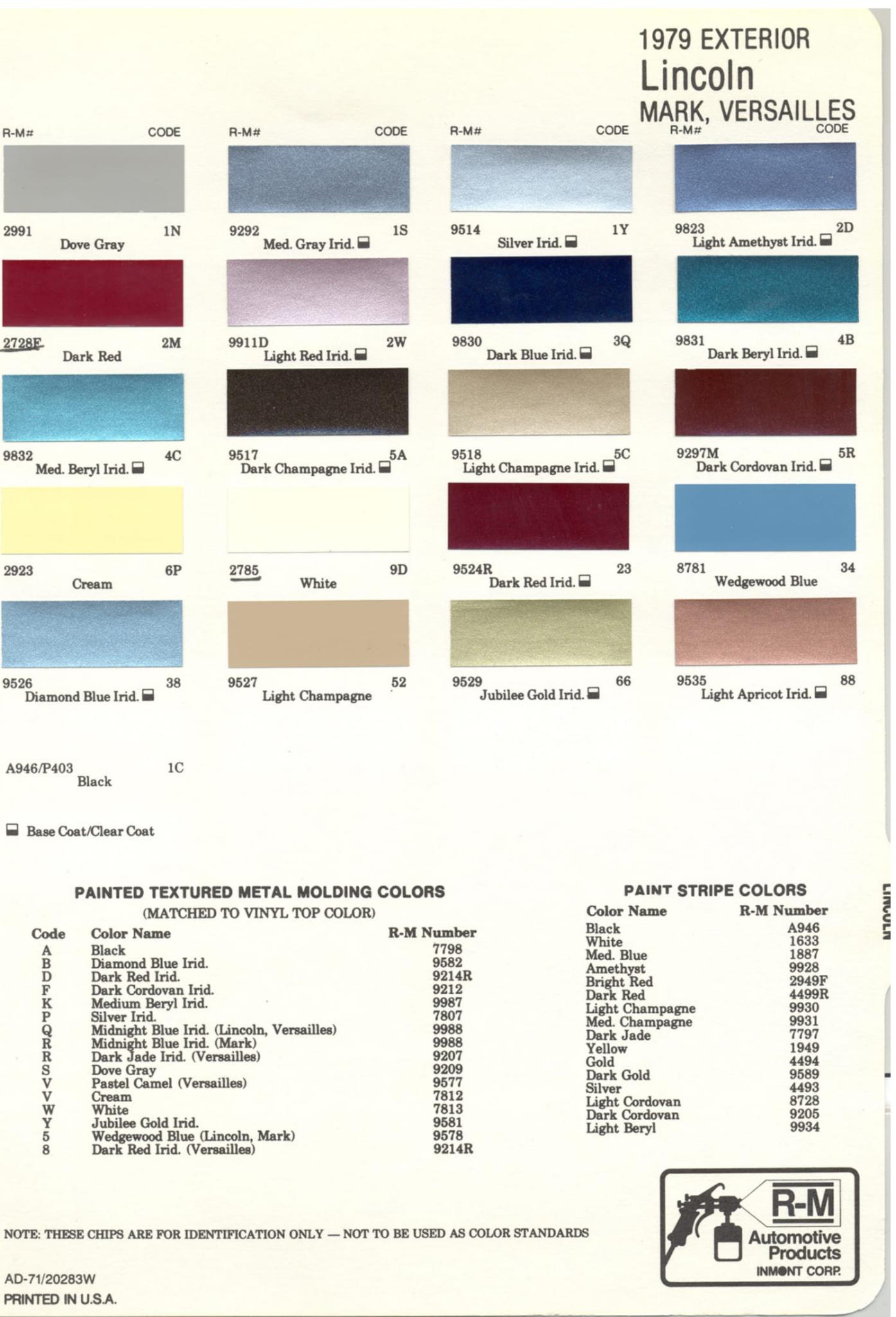 1979 Lincoln Paint Codes & Color Chart Paint Colors used on the Exterior of Lincoln