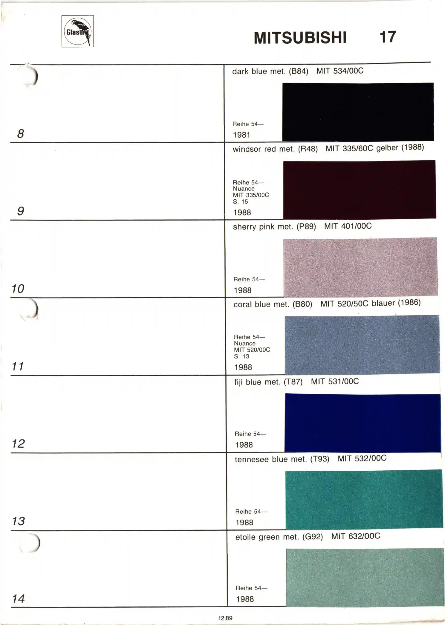 Glasurit Paint Chart of Mitsubishi Colors from 1975 to 1989.  Look up paint codes for historic vehicles.