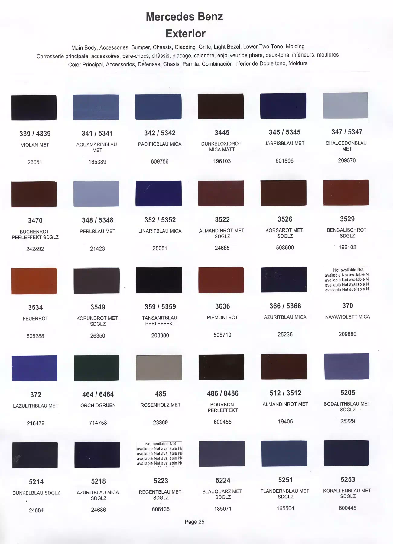 Color swatches that represent colors used on Mercedes Benz automobiles.  Color codes, Paint swatches, Ordering Stock numbers  and Color Names for Mercedes Benz automobiles.