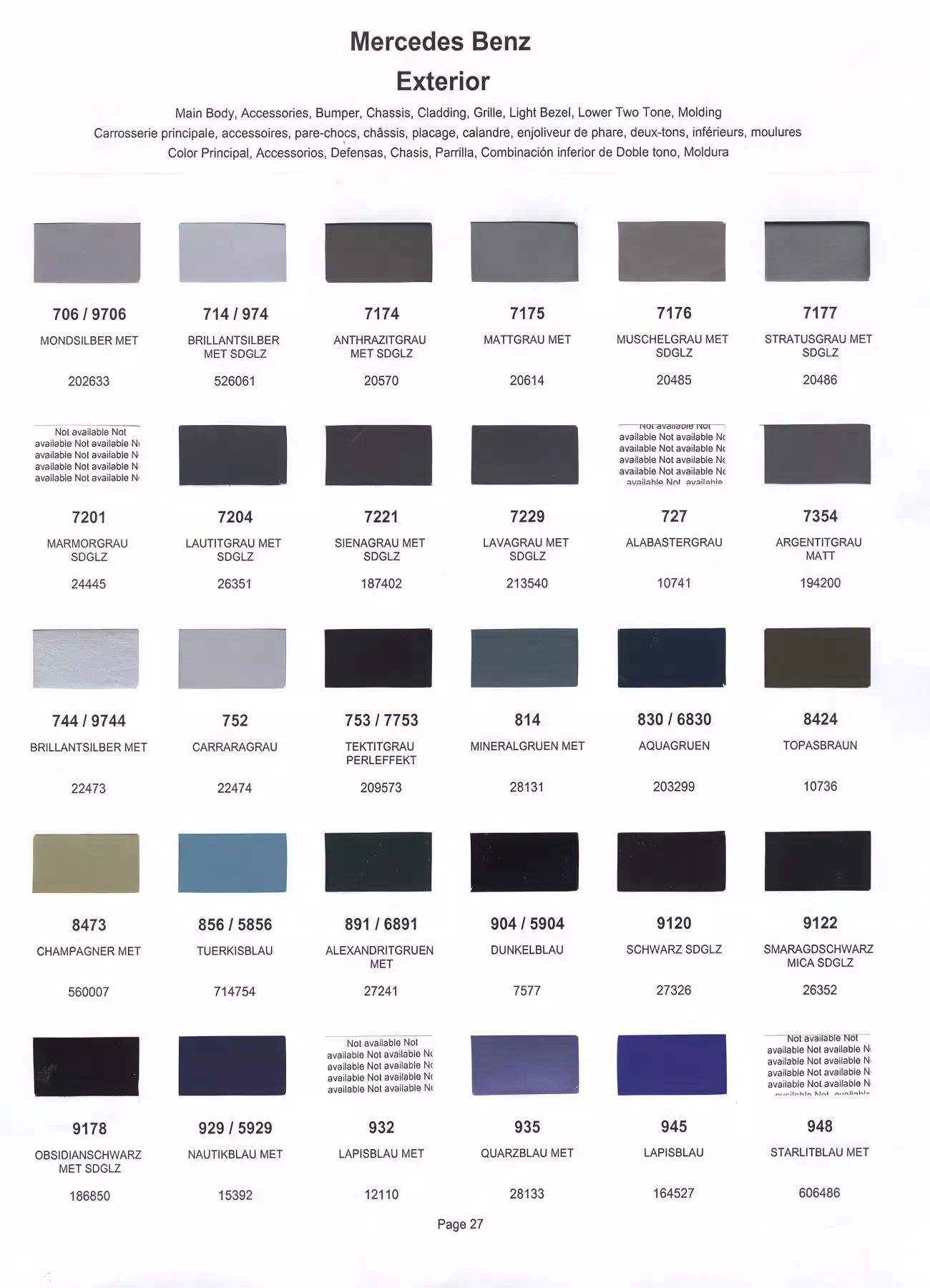 Color swatches that represent colors used on Mercedes Benz automobiles.  Color codes, Paint swatches, Ordering Stock numbers  and Color Names for Mercedes Benz automobiles.