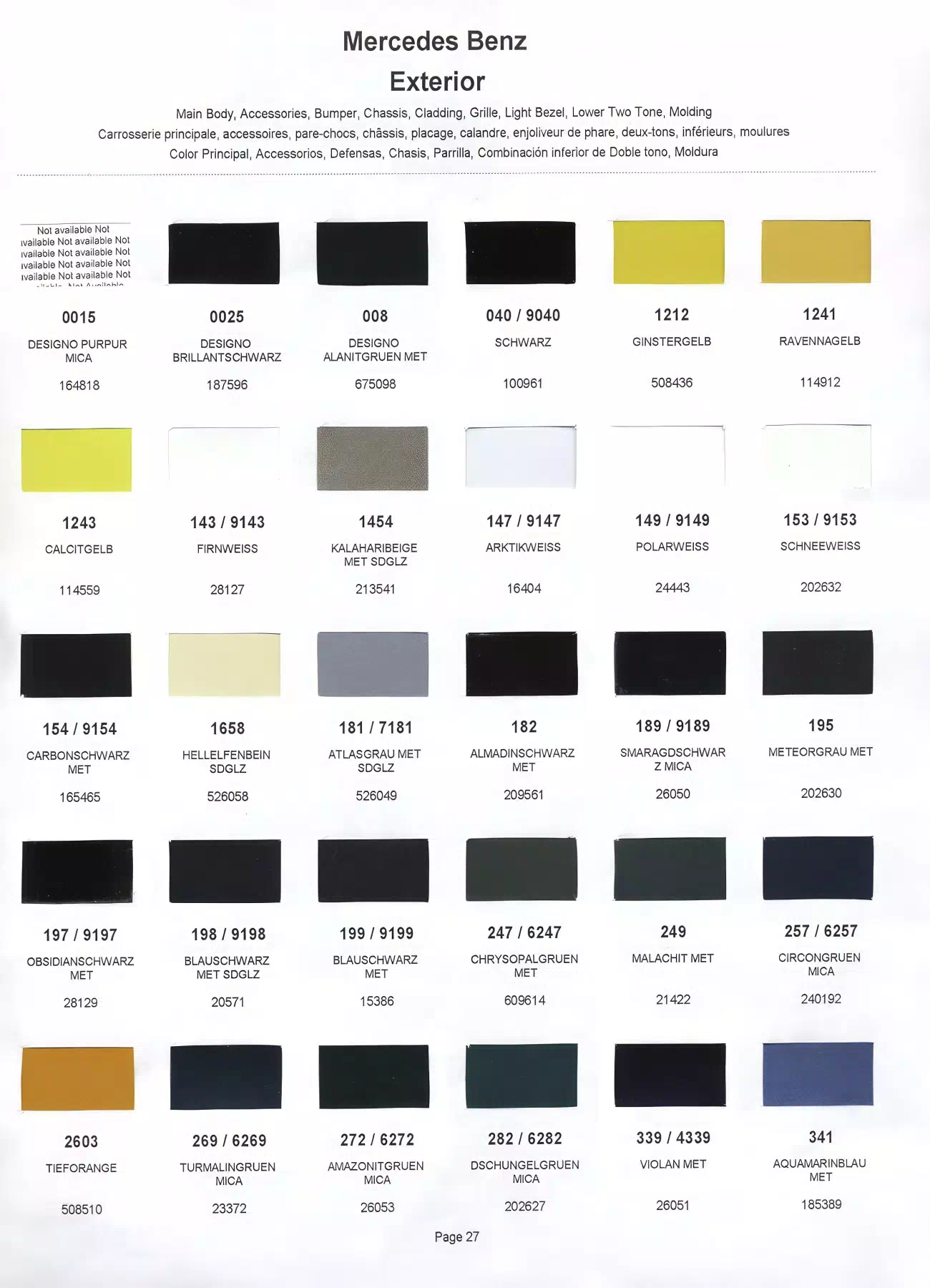 Color swatches that represent colors used on Mercedes Benz automobiles.  Color codes, Paint swatches, Ordering Stock numbers  and Color Names for Mercedes Benz automobiles.