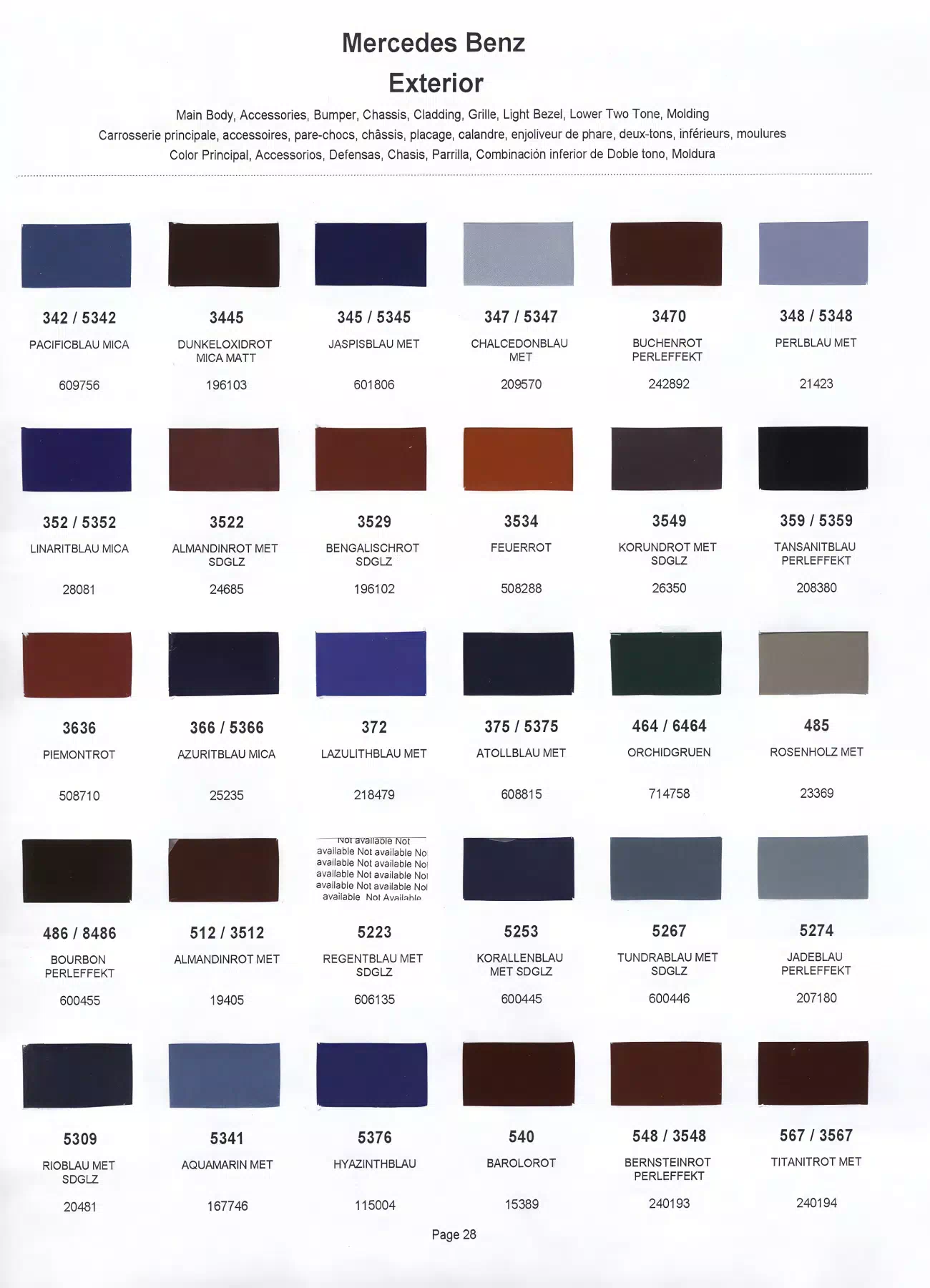 Color swatches that represent colors used on Mercedes Benz automobiles.  Color codes, Paint swatches, Ordering Stock numbers  and Color Names for Mercedes Benz automobiles.