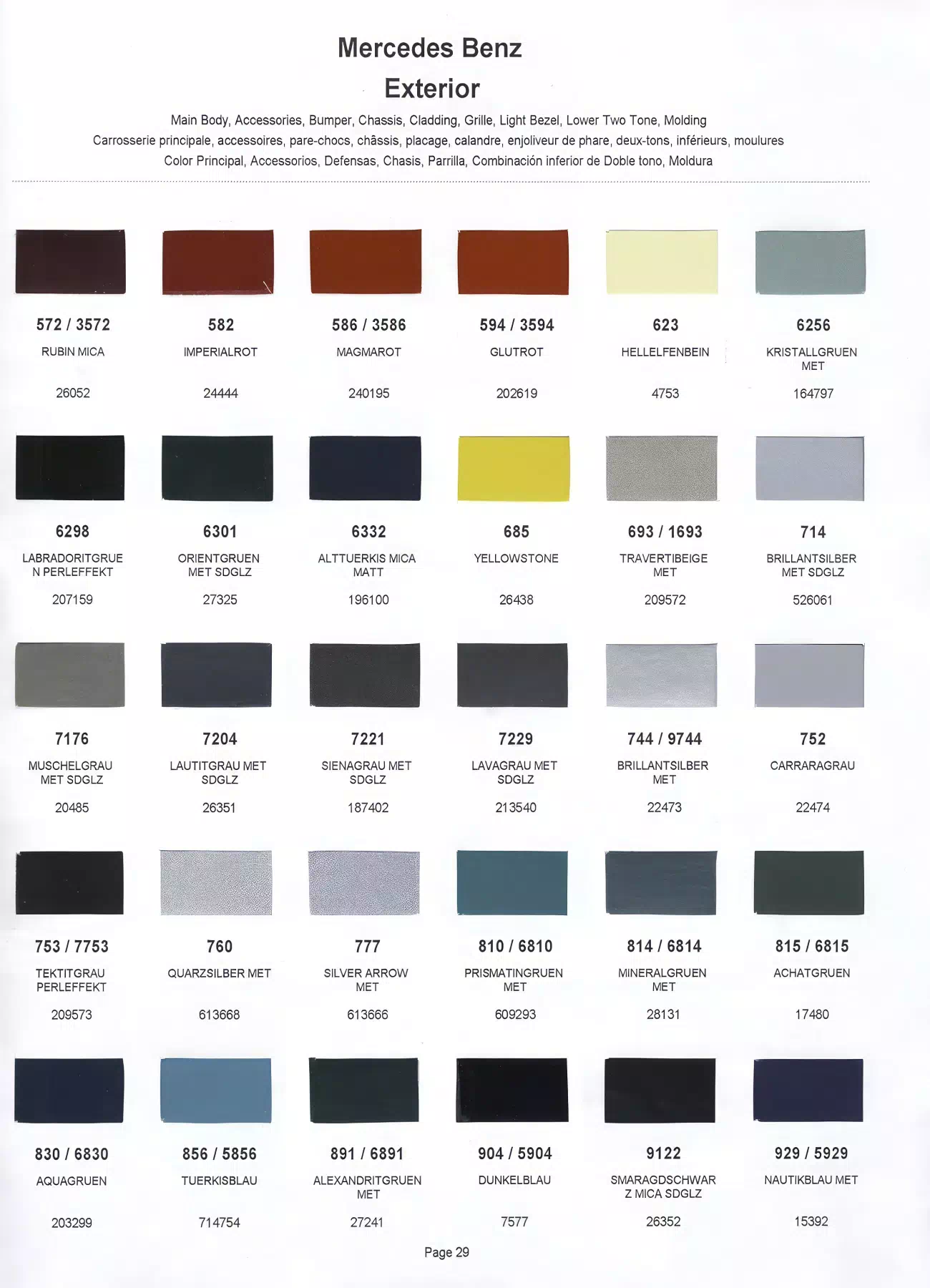 Color swatches that represent colors used on Mercedes Benz automobiles.  Color codes, Paint swatches, Ordering Stock numbers  and Color Names for Mercedes Benz automobiles.