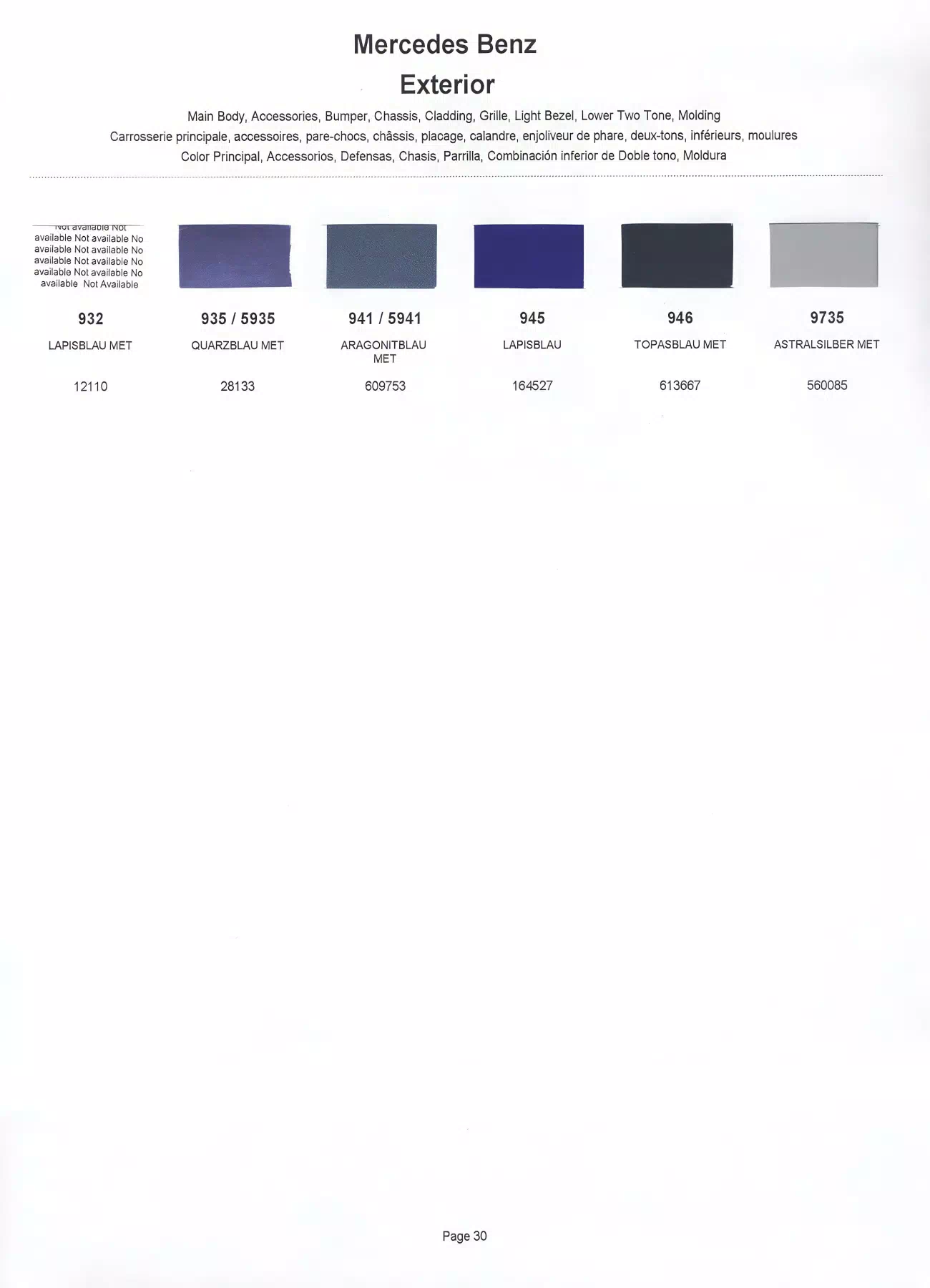 Color swatches that represent colors used on Mercedes Benz automobiles.  Color codes, Paint swatches, Ordering Stock numbers  and Color Names for Mercedes Benz automobiles.