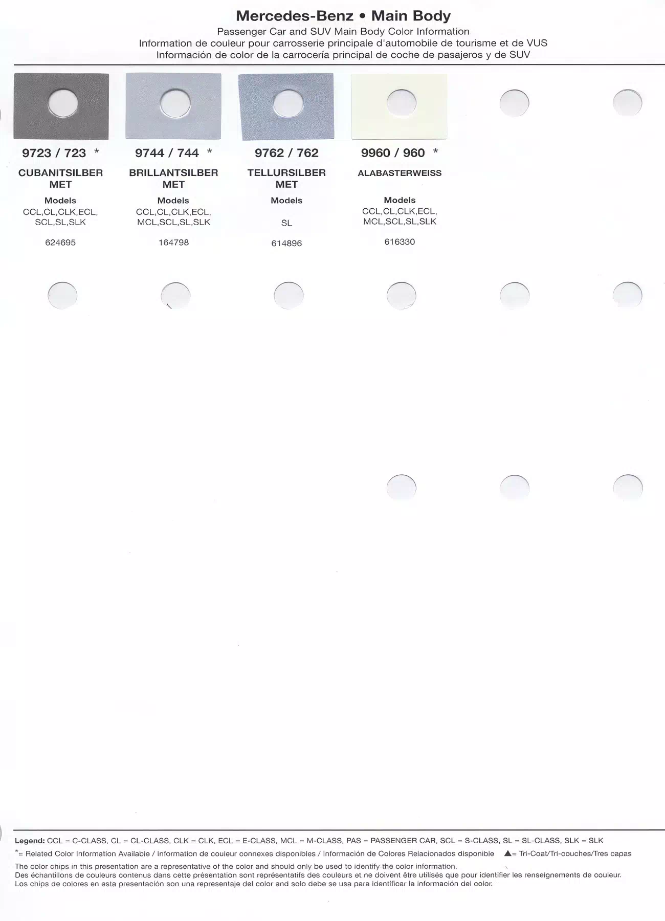 Color swatches that represent colors used on Mercedes Benz automobiles.  Color codes, Paint swatches, Ordering Stock numbers  and Color Names for Mercedes Benz automobiles.