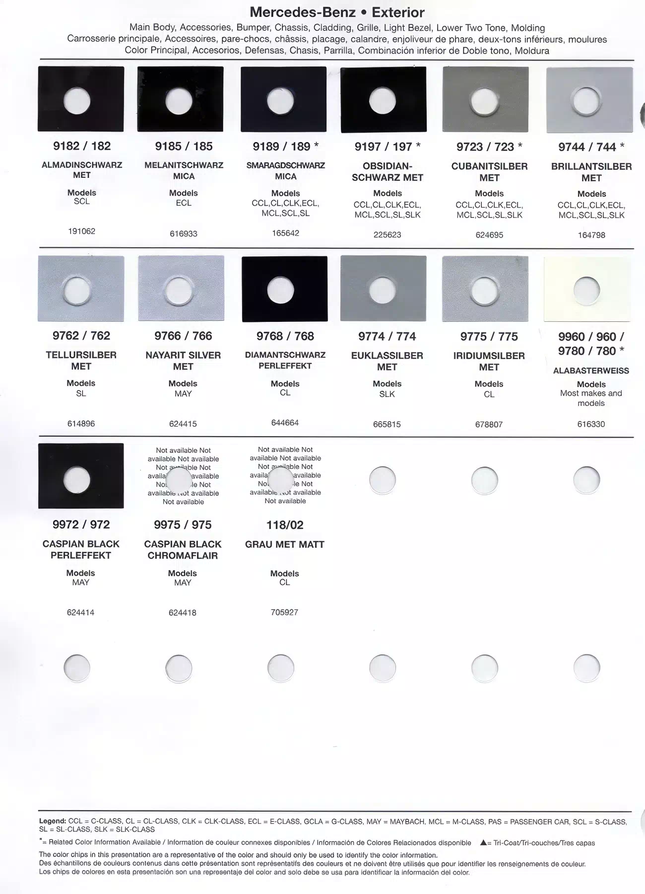 Color swatches that represent colors used on Mercedes Benz automobiles.  Color codes, Paint swatches, Ordering Stock numbers  and Color Names for Mercedes Benz automobiles.