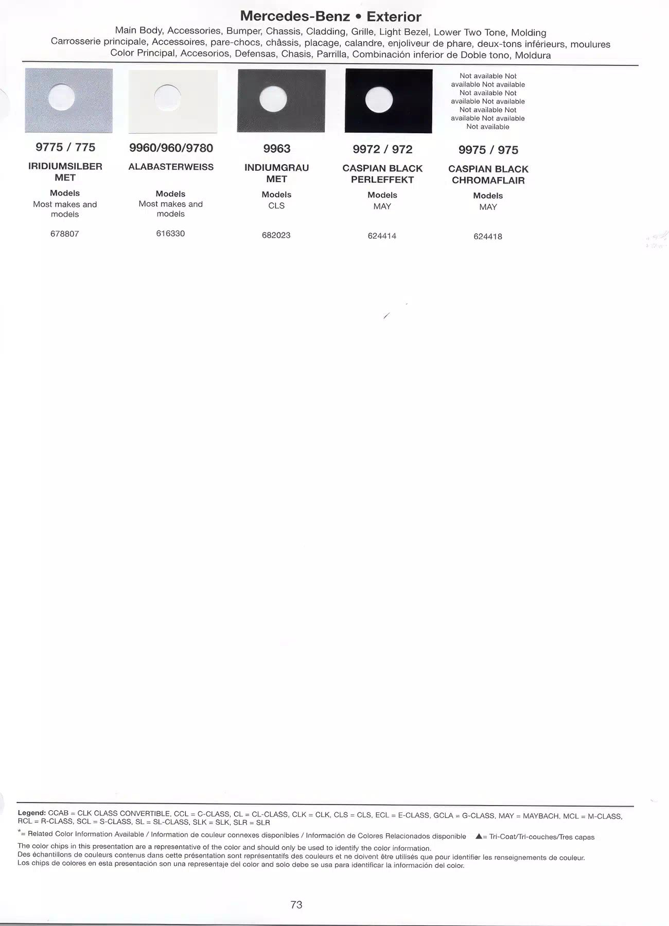 Color swatches that represent colors used on Mercedes Benz automobiles.  Color codes, Paint swatches, Ordering Stock numbers  and Color Names for Mercedes Benz automobiles.