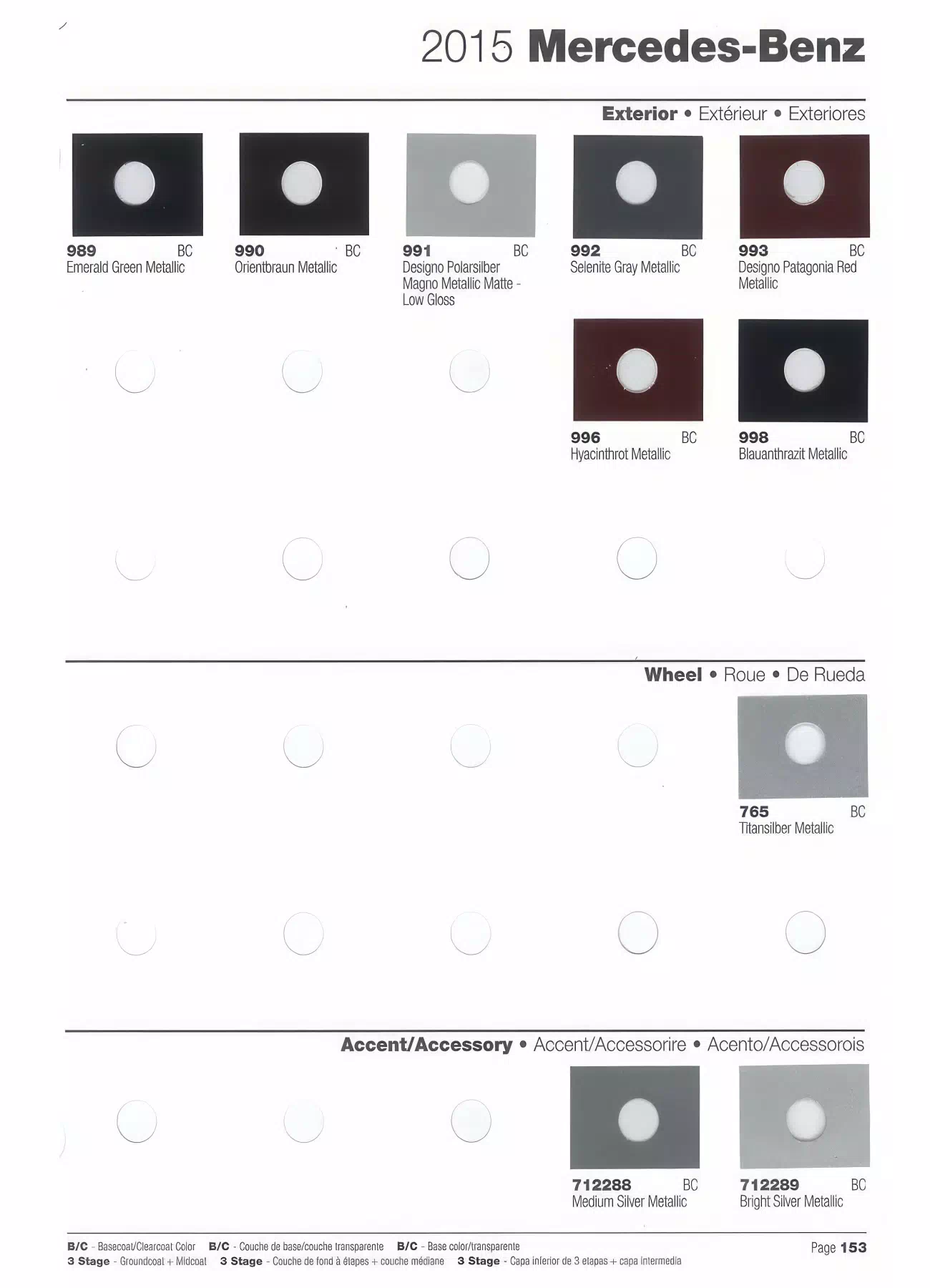2015 Mercedes-Benz Paint Chart Page 3 A paint chart showing paint swatches, paint codes and color names for 2015 Mercedes-Benz automobiles
