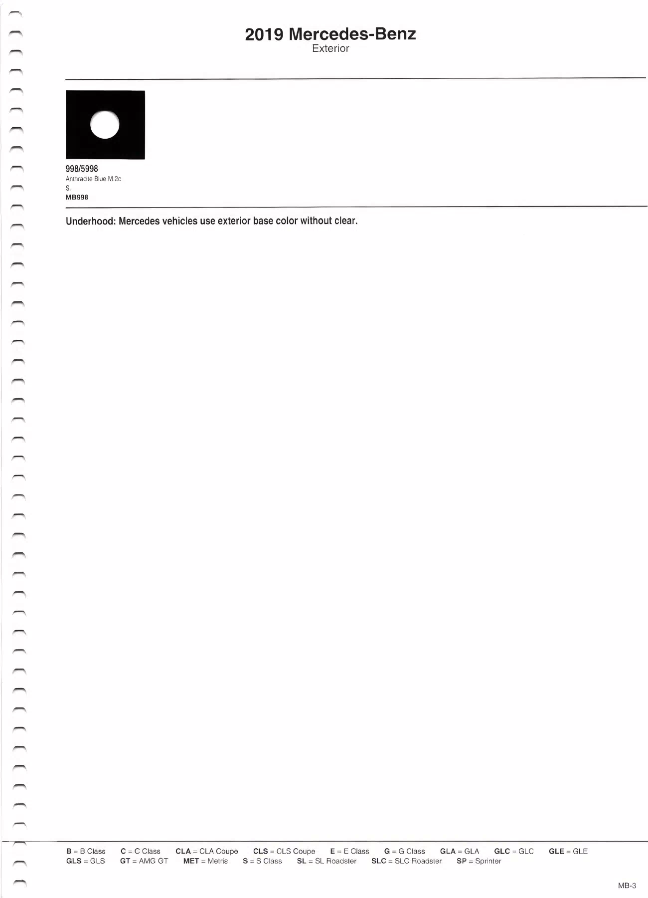 2019 Mercedes- Benz Paint Chart Page 3 Oem Color Swatches with Paint codes, Color Names, Color Shades, and Akzo stock numbers. This is a "Paint Chart"
