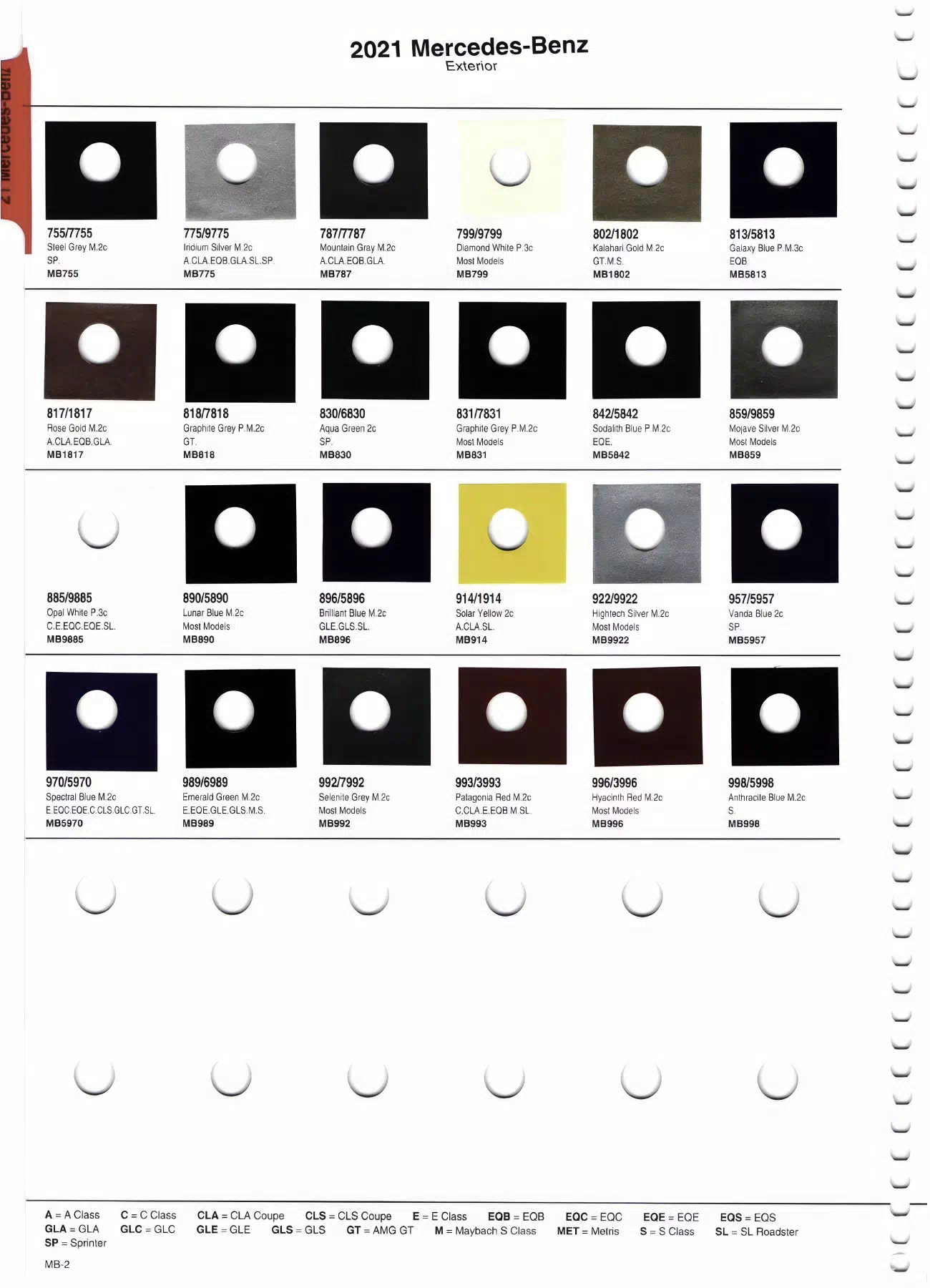 Color swatches that represent colors used on Mercedes Benz automobiles.  Color codes, Paint swatches, Ordering Stock numbers  and Color Names for Mercedes Benz automobiles.