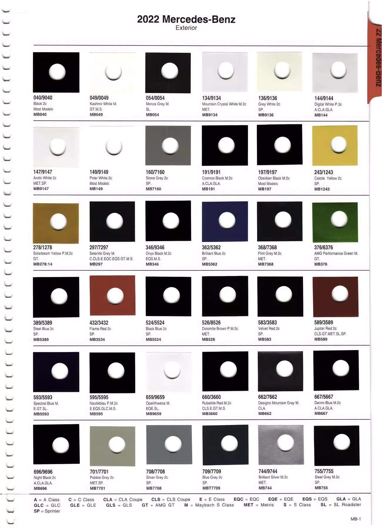 Color swatches that represent colors used on Mercedes Benz automobiles.  Color codes, Paint swatches, Ordering Stock numbers  and Color Names for Mercedes Benz automobiles.