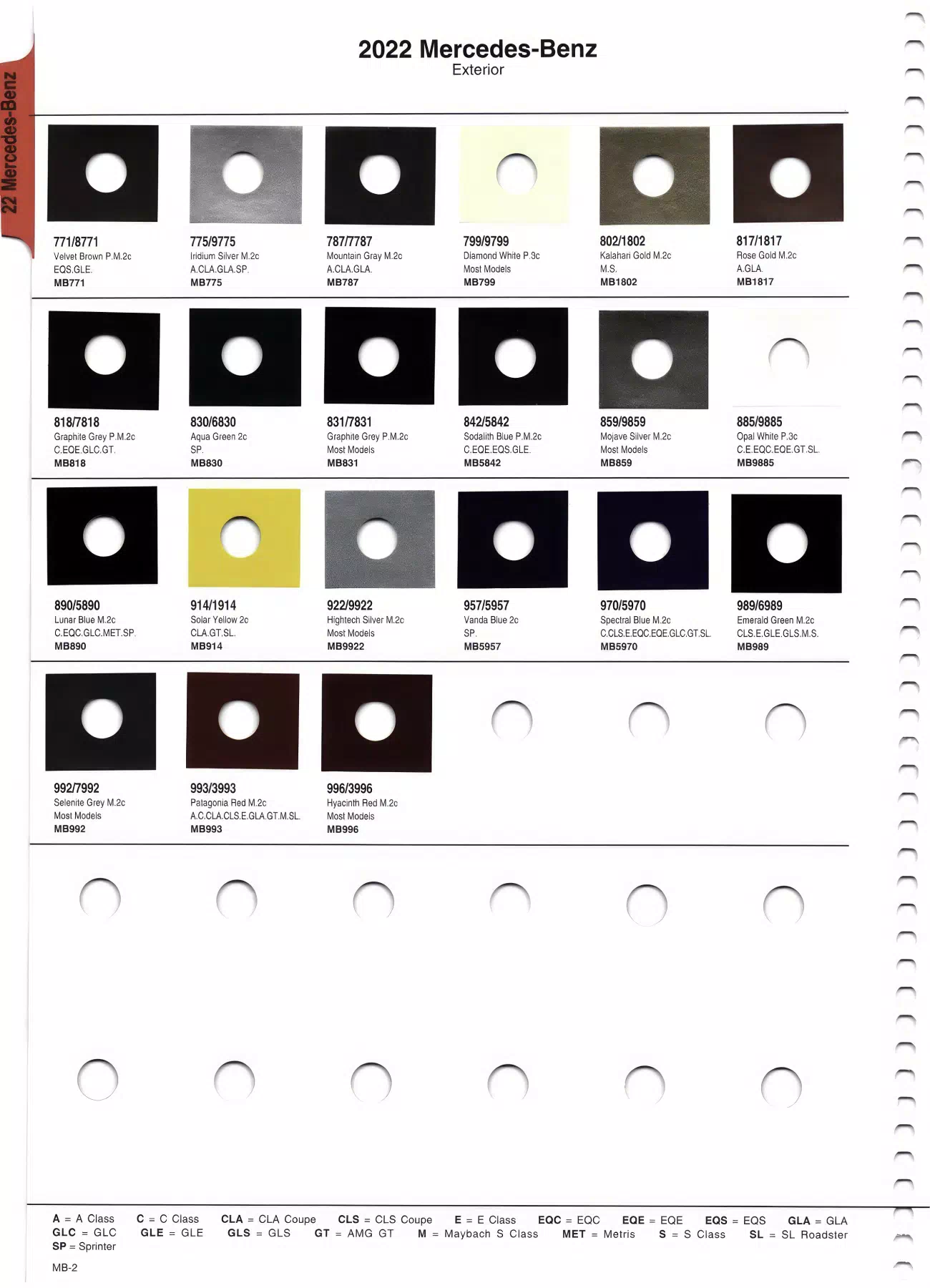 Color swatches that represent colors used on Mercedes Benz automobiles.  Color codes, Paint swatches, Ordering Stock numbers  and Color Names for Mercedes Benz automobiles.