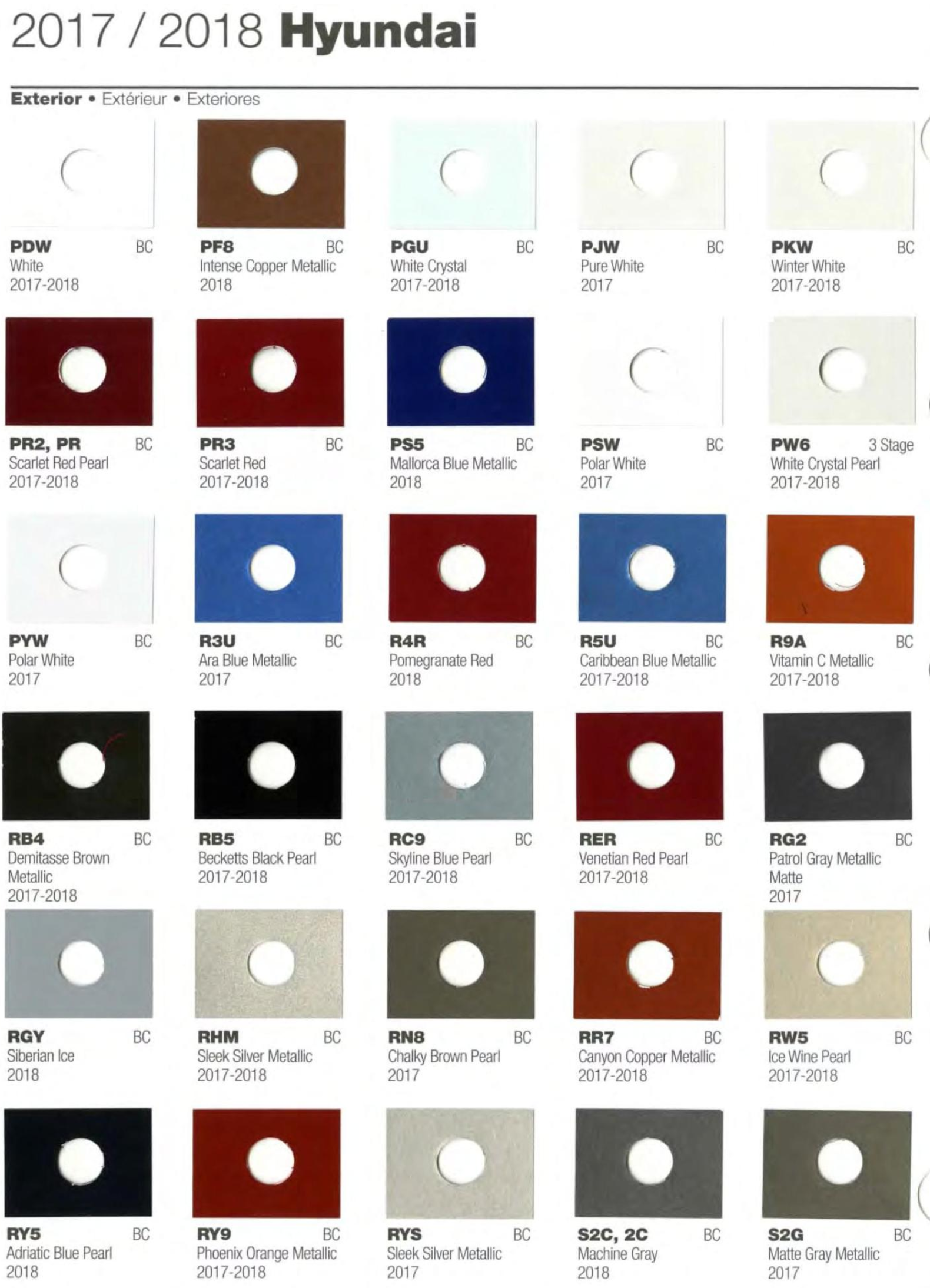 2017-2018 Hyundai Paint Codes