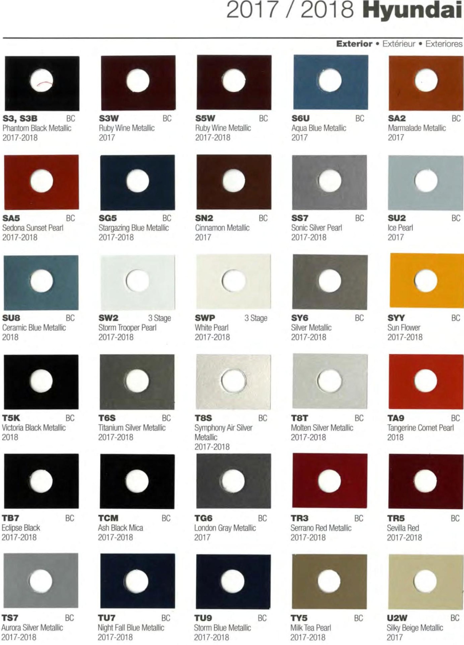 2017-2018 Hyundai Paint Codes