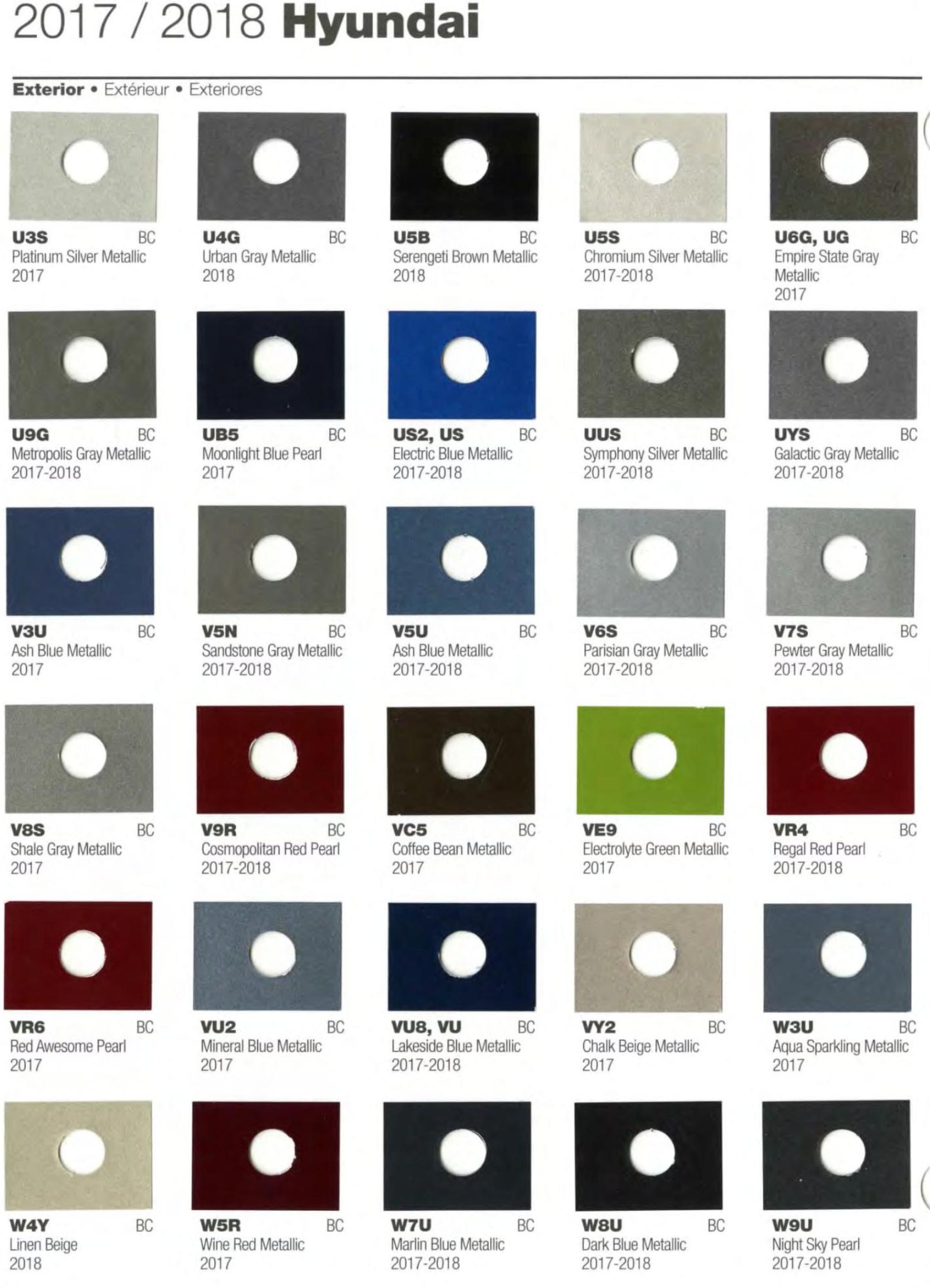 2017-2018 Hyundai Paint Codes