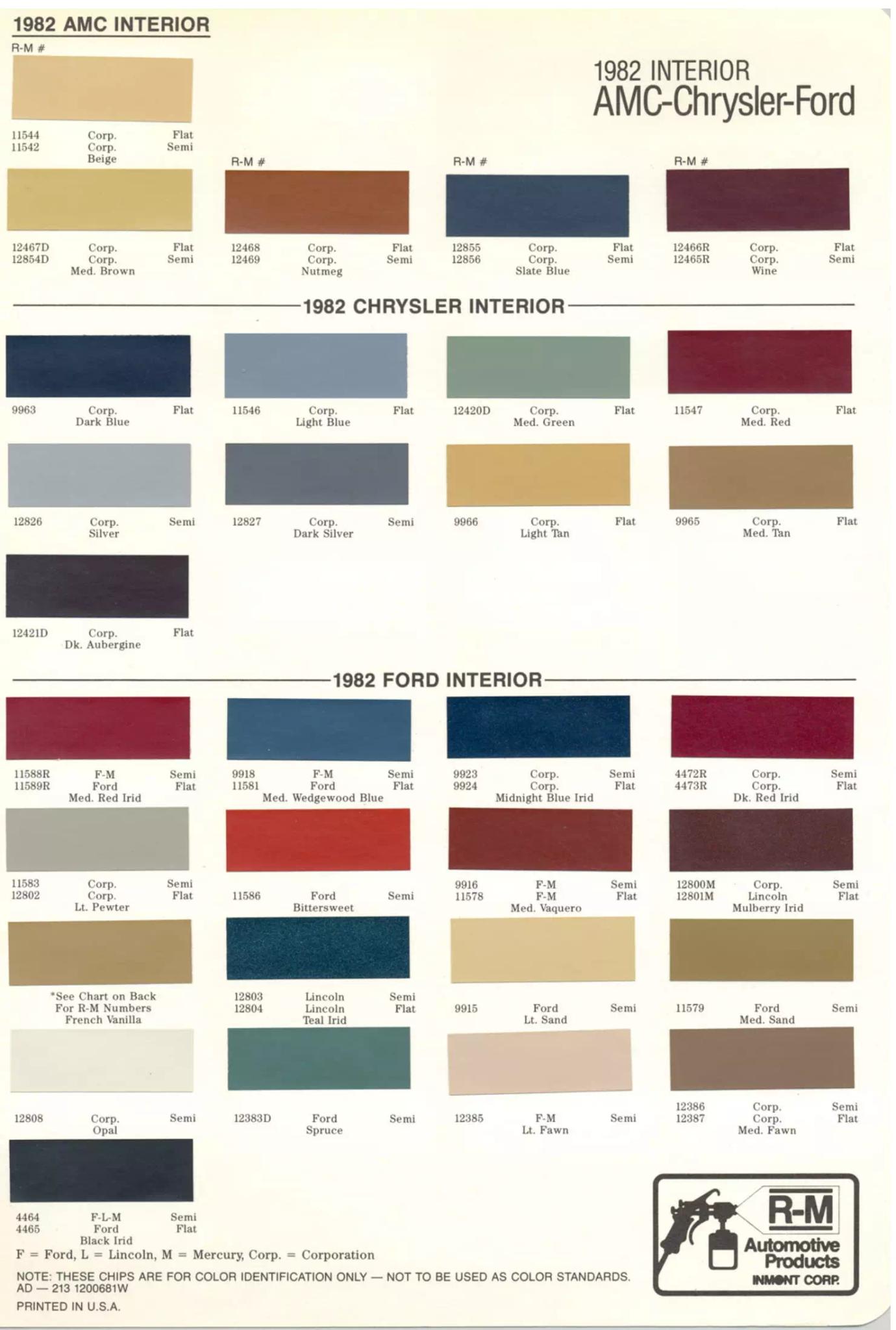 1982 Ford Interior Paint Chart and Paint Codes Color Codes used to repaint Interiors on Ford Motor Company Vehicles in 1982