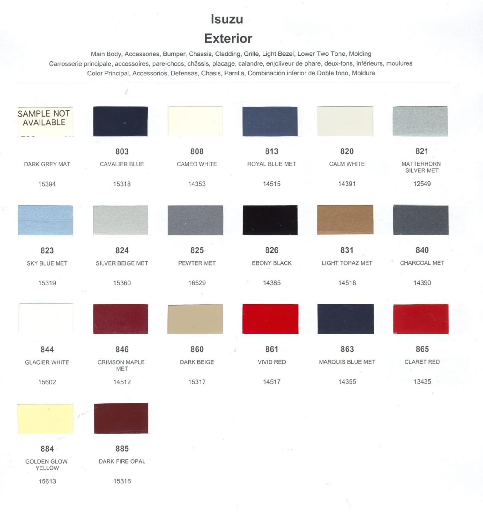 1985 Isuzu Paint Code and Color Chart