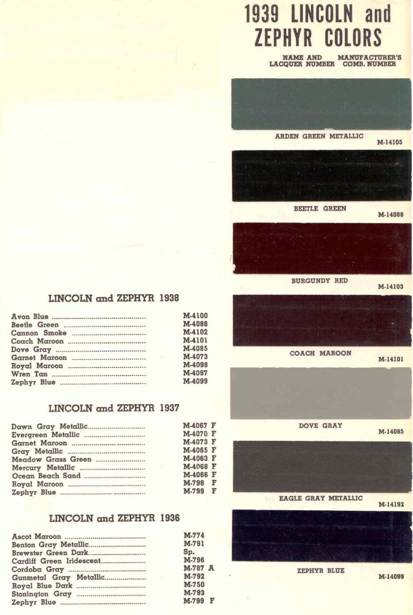 1939 Lincoln Paint Codes & Color Chart Paint Colors used on the Exterior of Lincoln