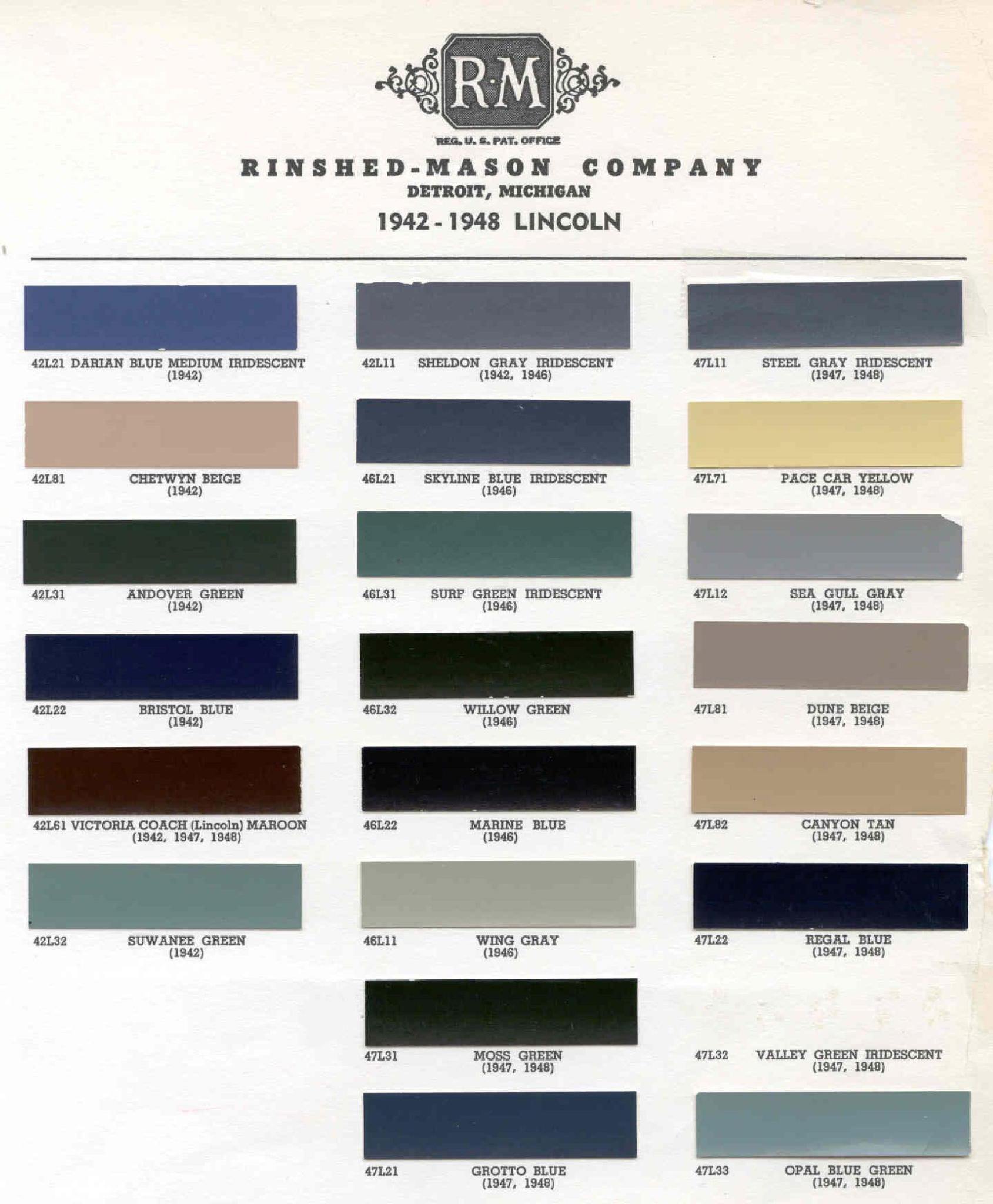 1942,1946,1947,1948 Lincoln Paint Codes & Color Chart Paint Colors used on the Exterior of Lincoln