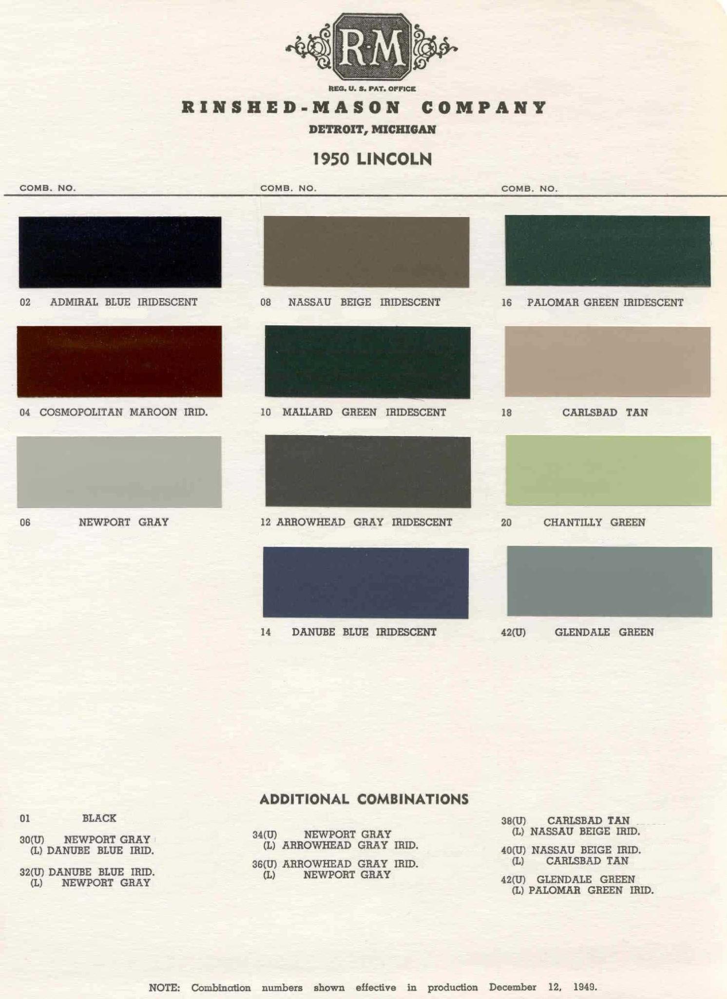 1950 Lincoln Paint Codes & Color Chart Paint Colors used on the Exterior of Lincoln