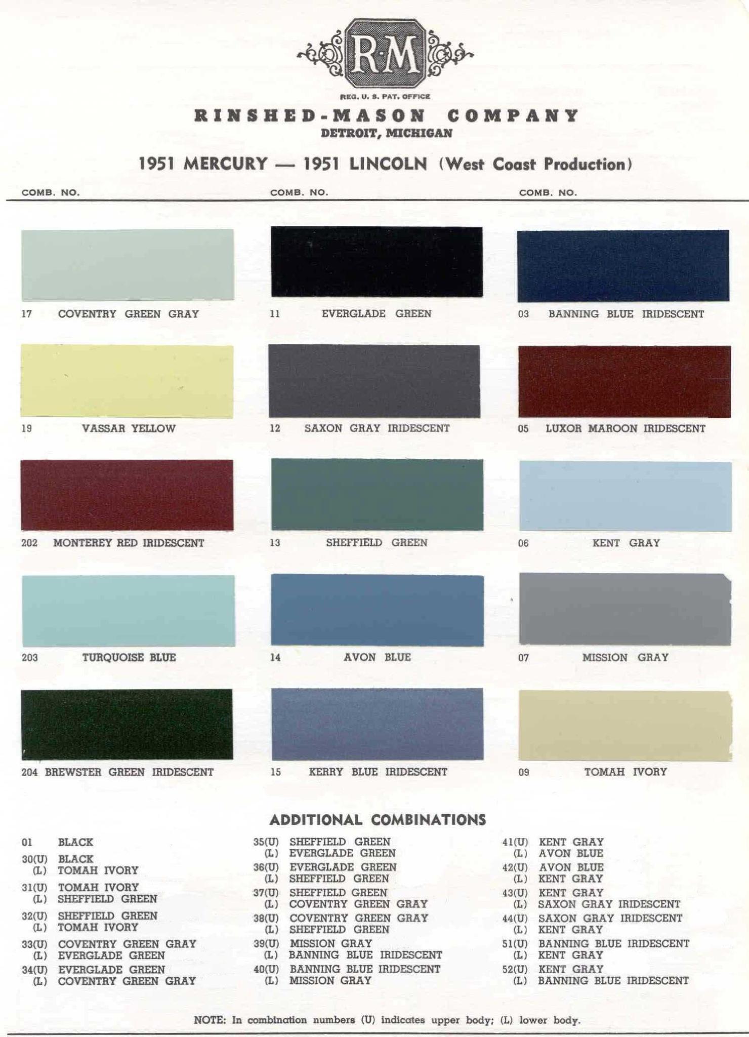 1951 Lincoln Paint Codes & Color Chart Paint Colors used on the Exterior of Lincoln