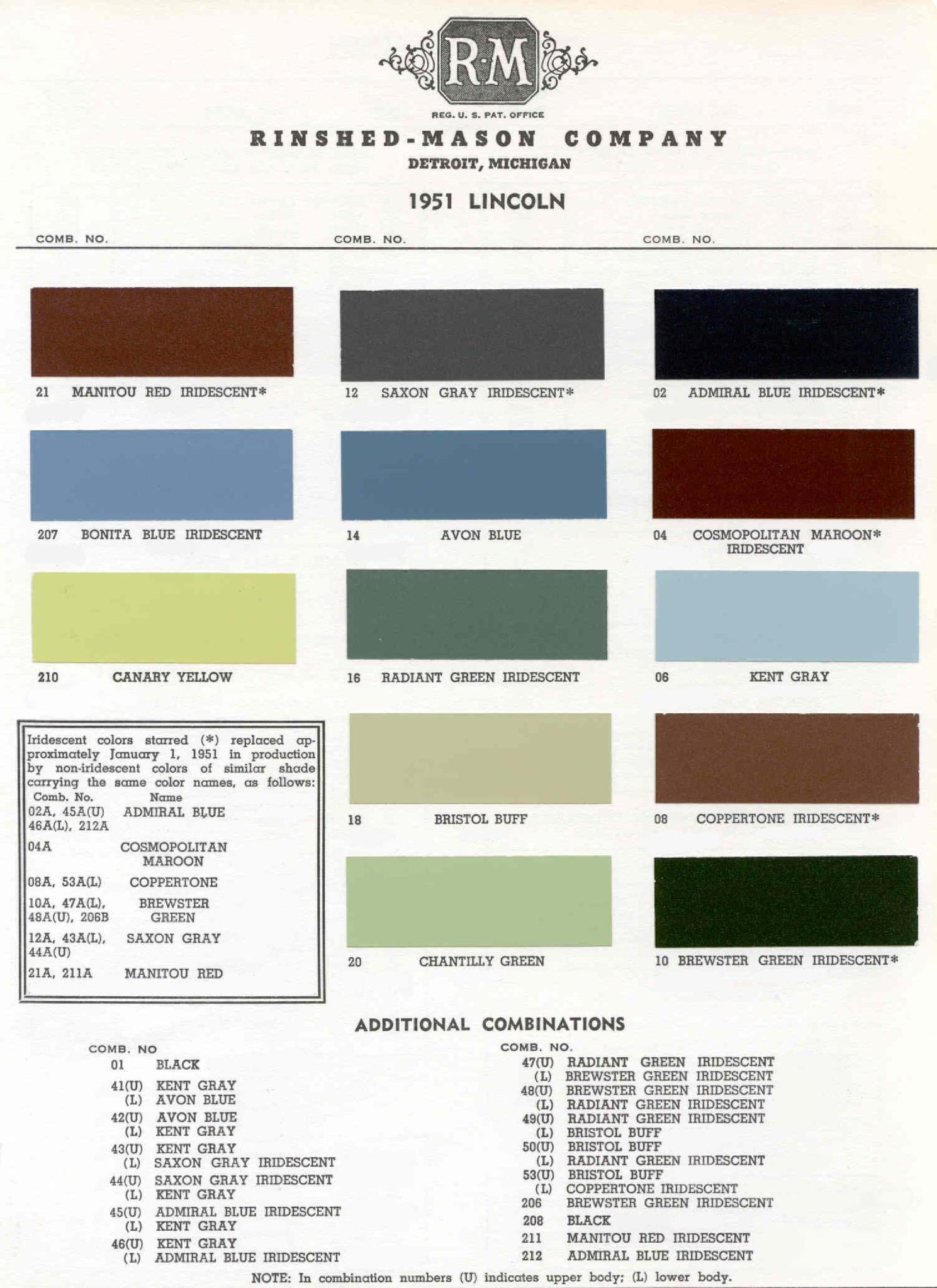 1951 Lincoln Paint Codes & Color Chart Paint Colors used on the Exterior of Lincoln