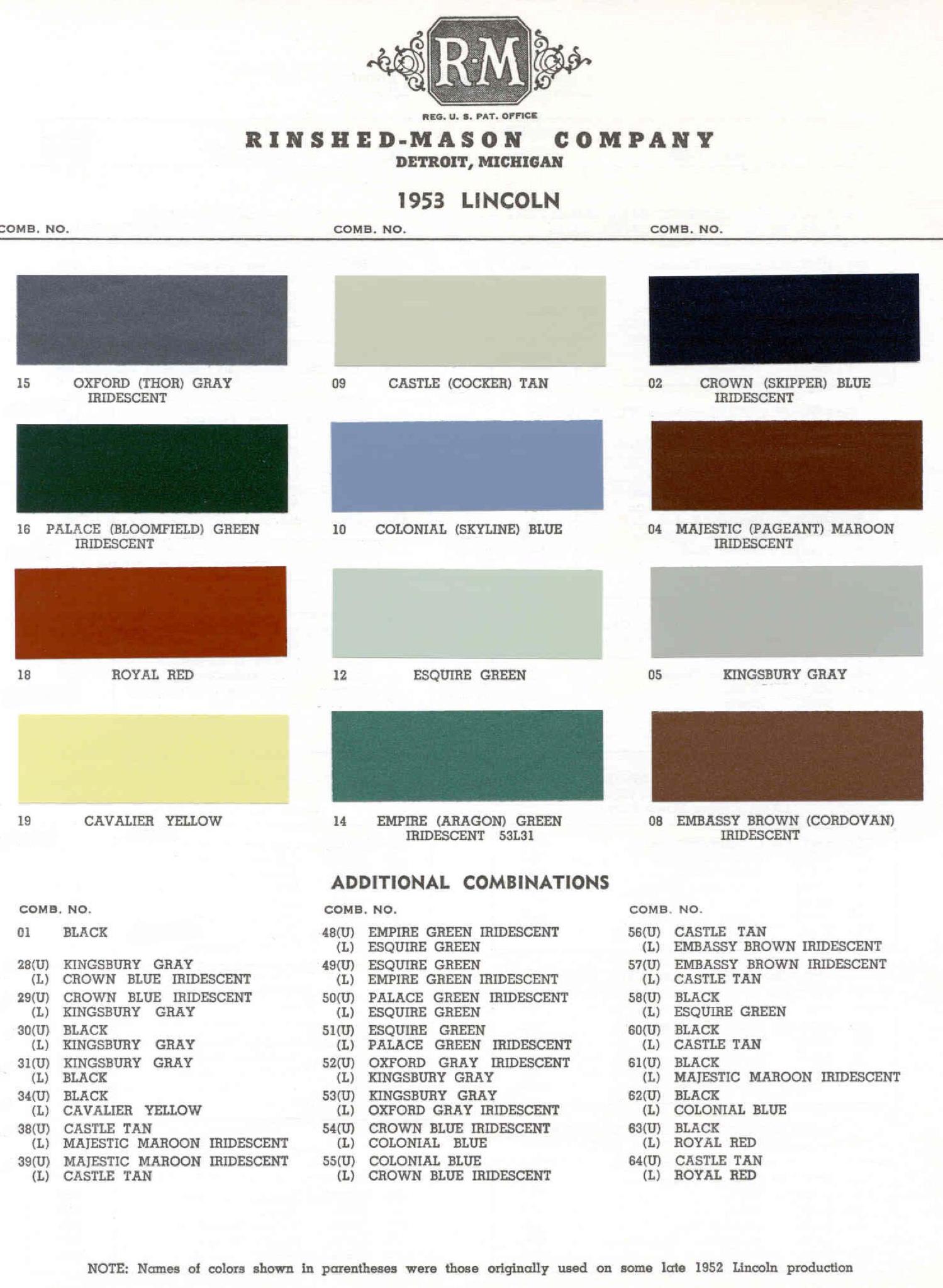 1953 Lincoln Paint Codes & Color Chart Paint Colors used on the Exterior of Lincoln