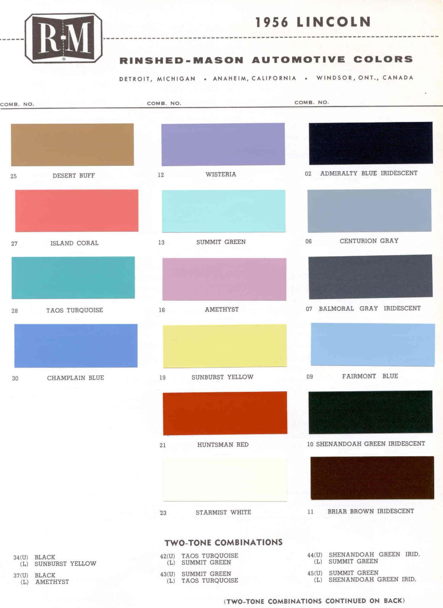 1956 Lincoln Paint Codes & Color Chart Paint Colors used on the Exterior of Lincoln