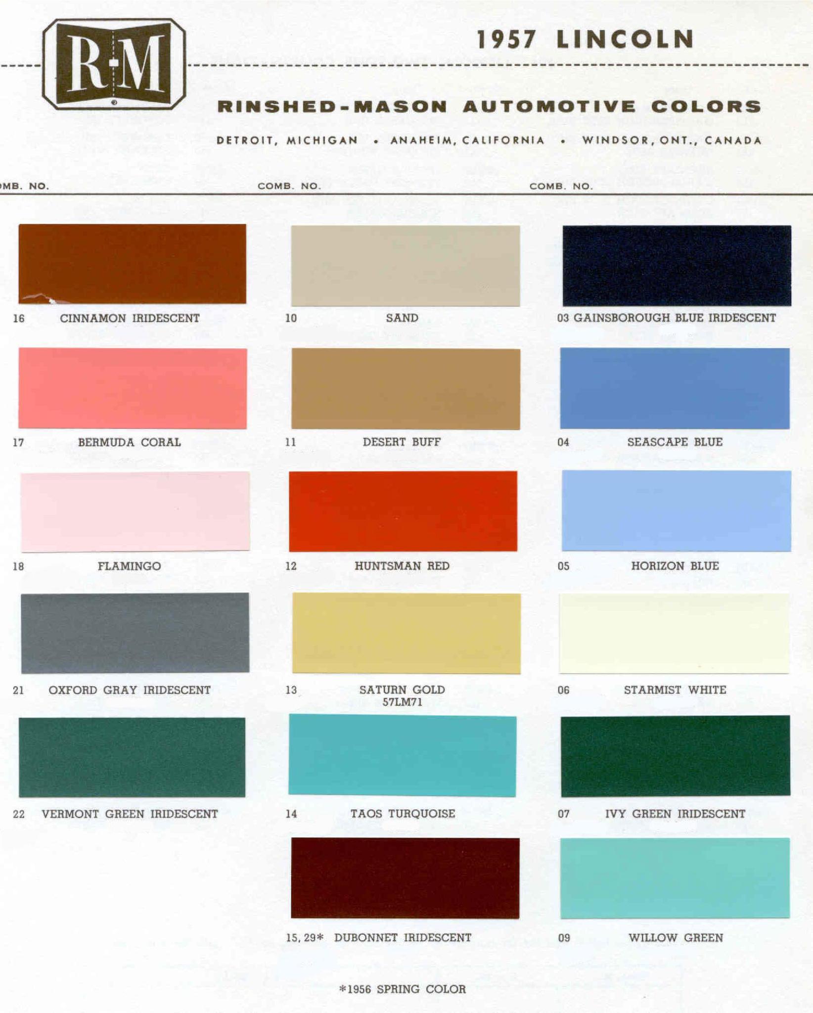 1957 Lincoln Paint Codes & Color Chart Paint Colors used on the Exterior of Lincoln