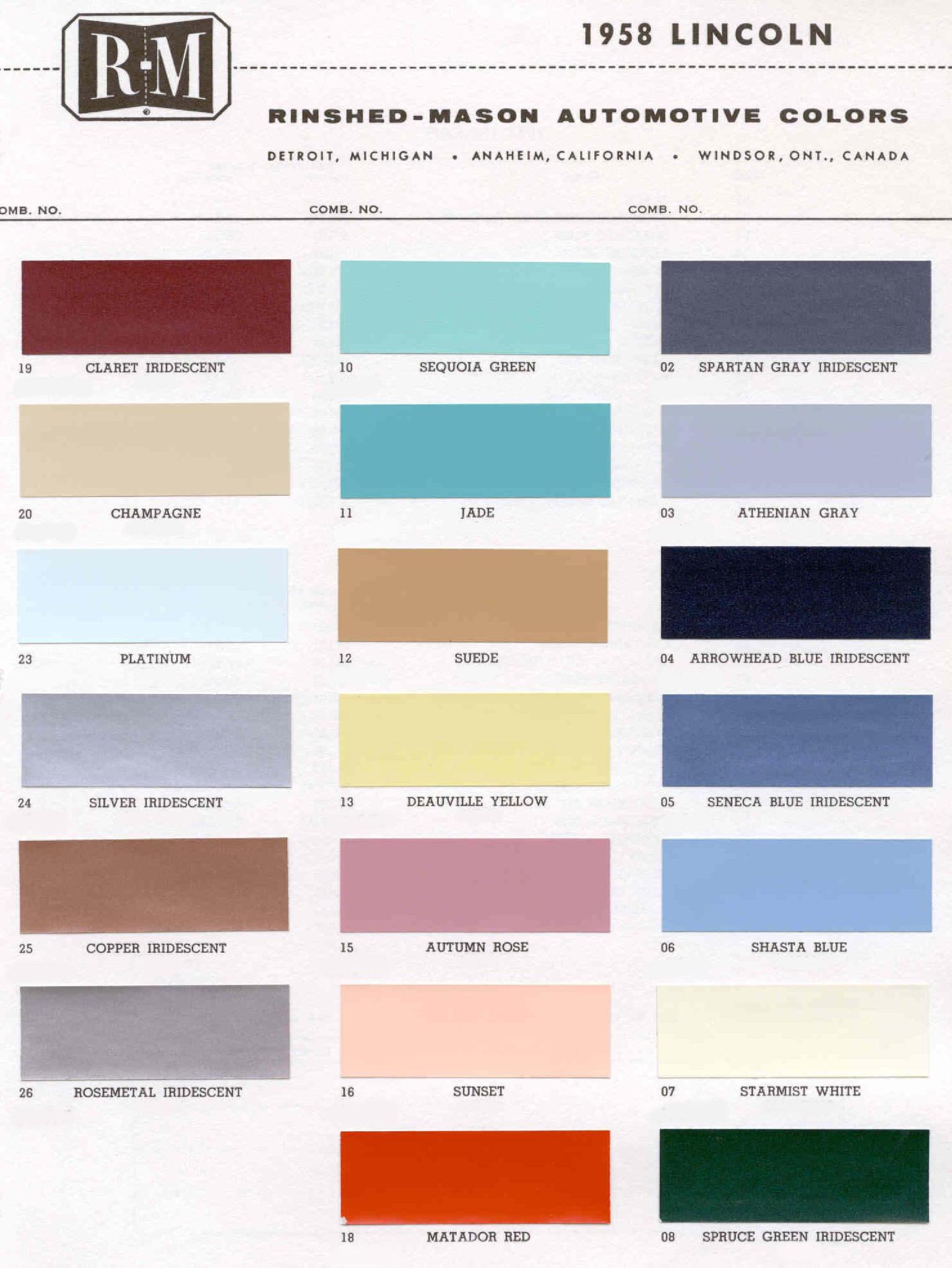 1958 Lincoln Paint Codes & Color Chart Paint Colors used on the Exterior of Lincoln