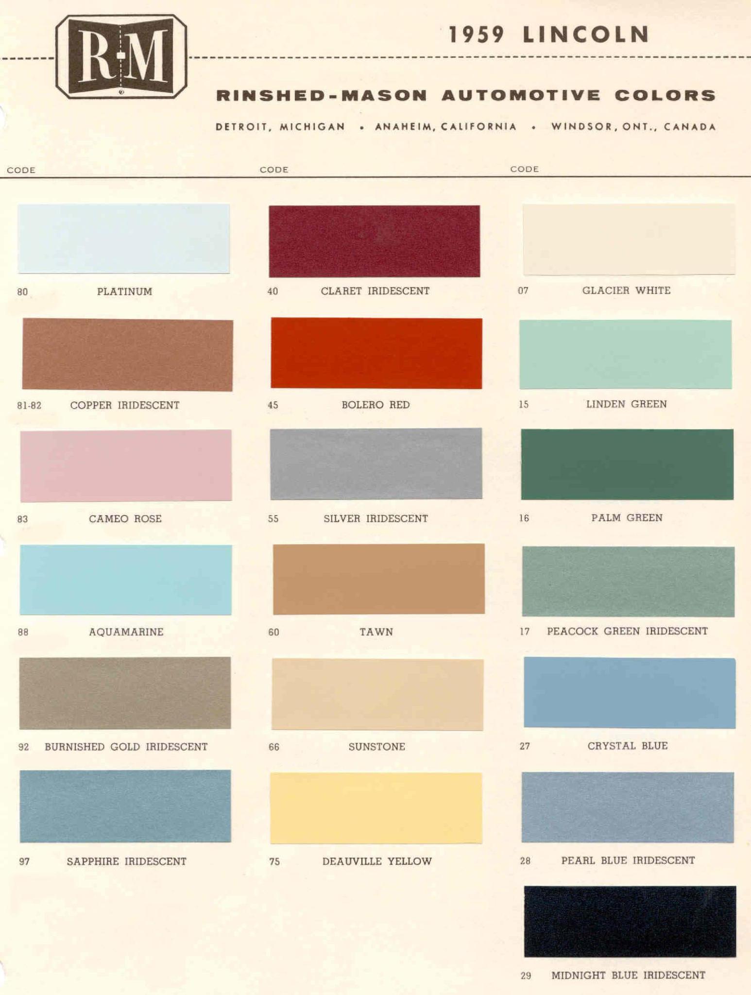 1959 Lincoln Paint Codes & Color Chart Paint Colors used on the Exterior of Lincoln