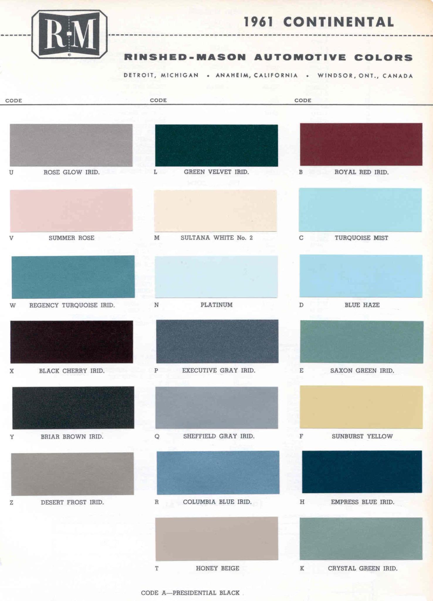 1961 Lincoln Paint Codes & Color Chart Paint Colors used on the Exterior of Lincoln