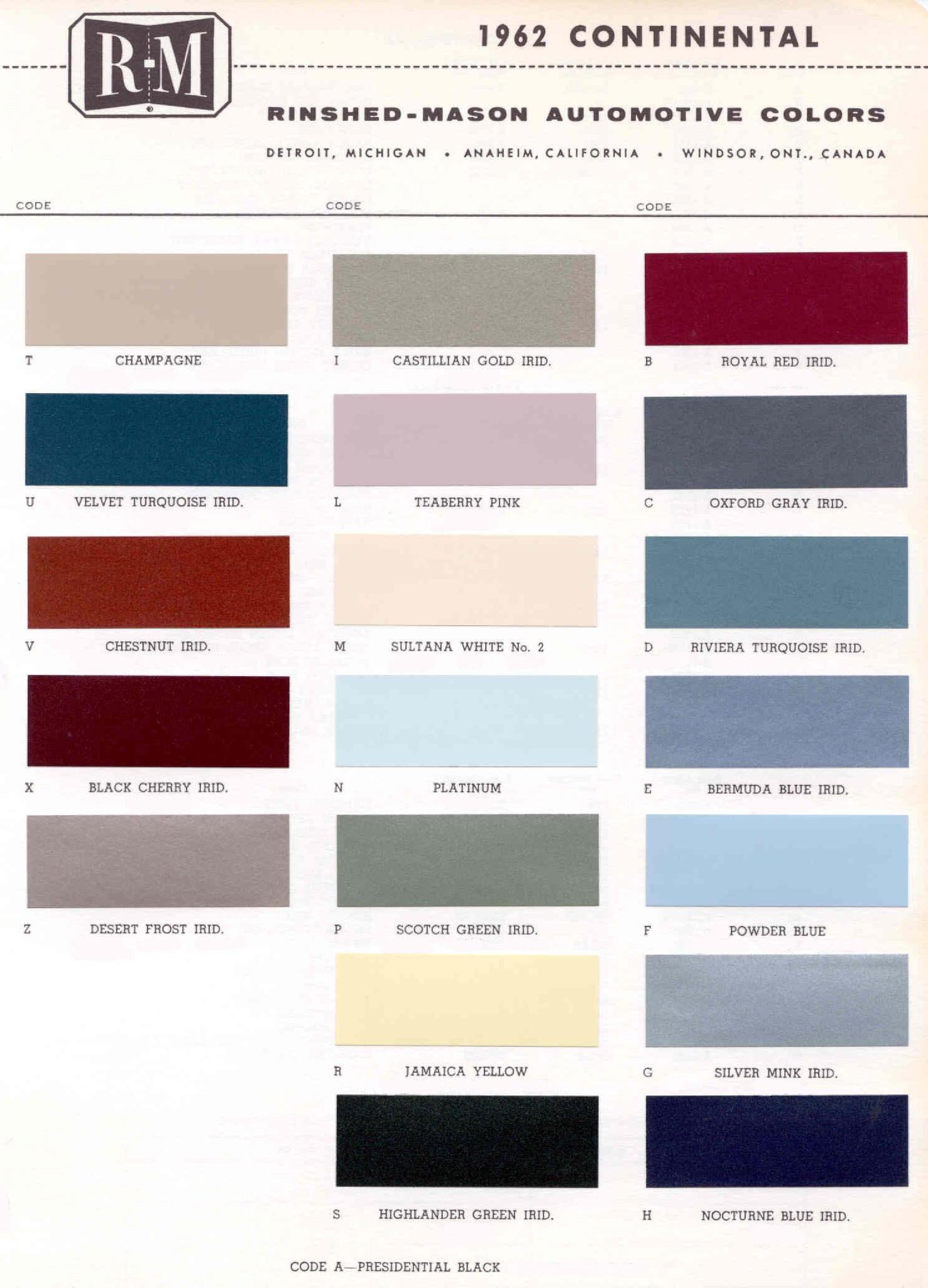 1962 Lincoln Paint Codes & Color Chart Paint Colors used on the Exterior of Lincoln