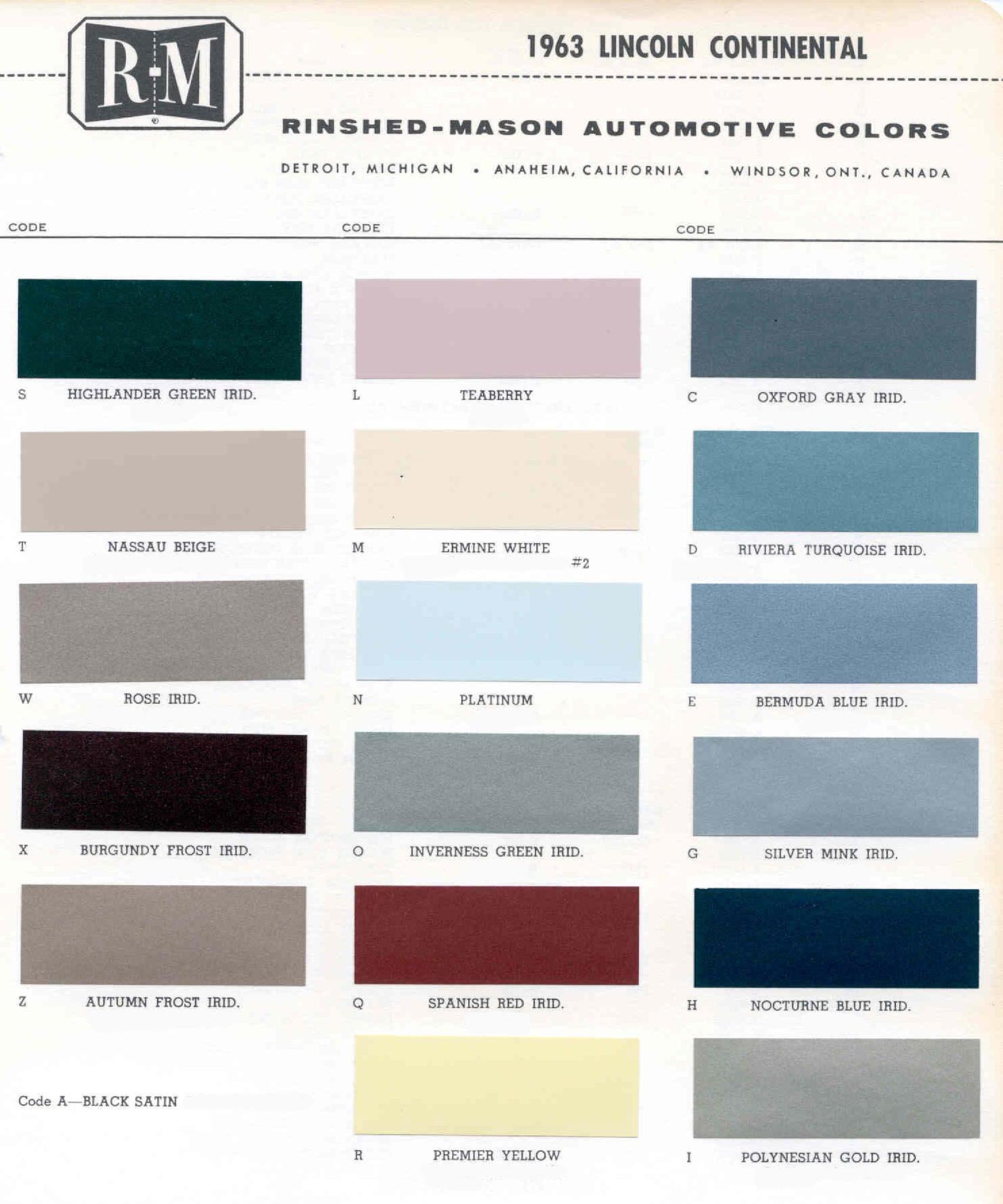 1963 Lincoln Paint Codes & Color Chart Paint Colors used on the Exterior of Lincoln